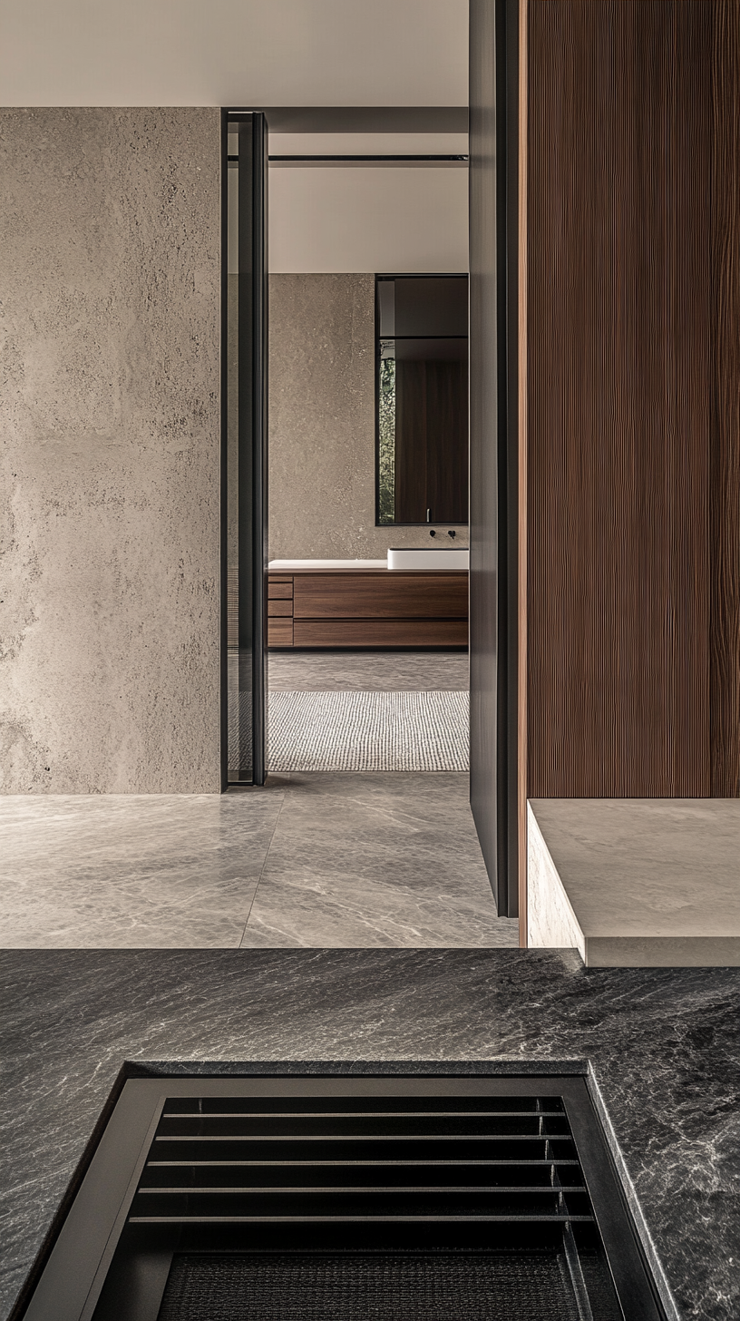 Interno di una casa moderna con pareti in cemento e legno, pavimento in pietra e un rubinetto bianco visibile attraverso una porta aperta, con un tappeto beige e un grande specchio.