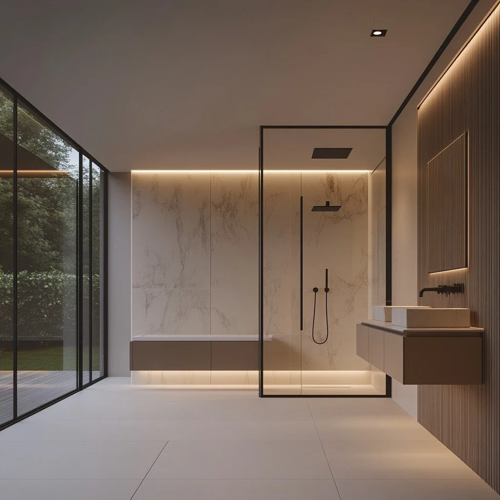 Bagno moderno con pareti in marmo, doccia a soffitto con soffione nero e soffione a mano, lavabo in pietra con mobile sospeso, illuminazione a LED integrata e grandi finestre con vista sul giardino