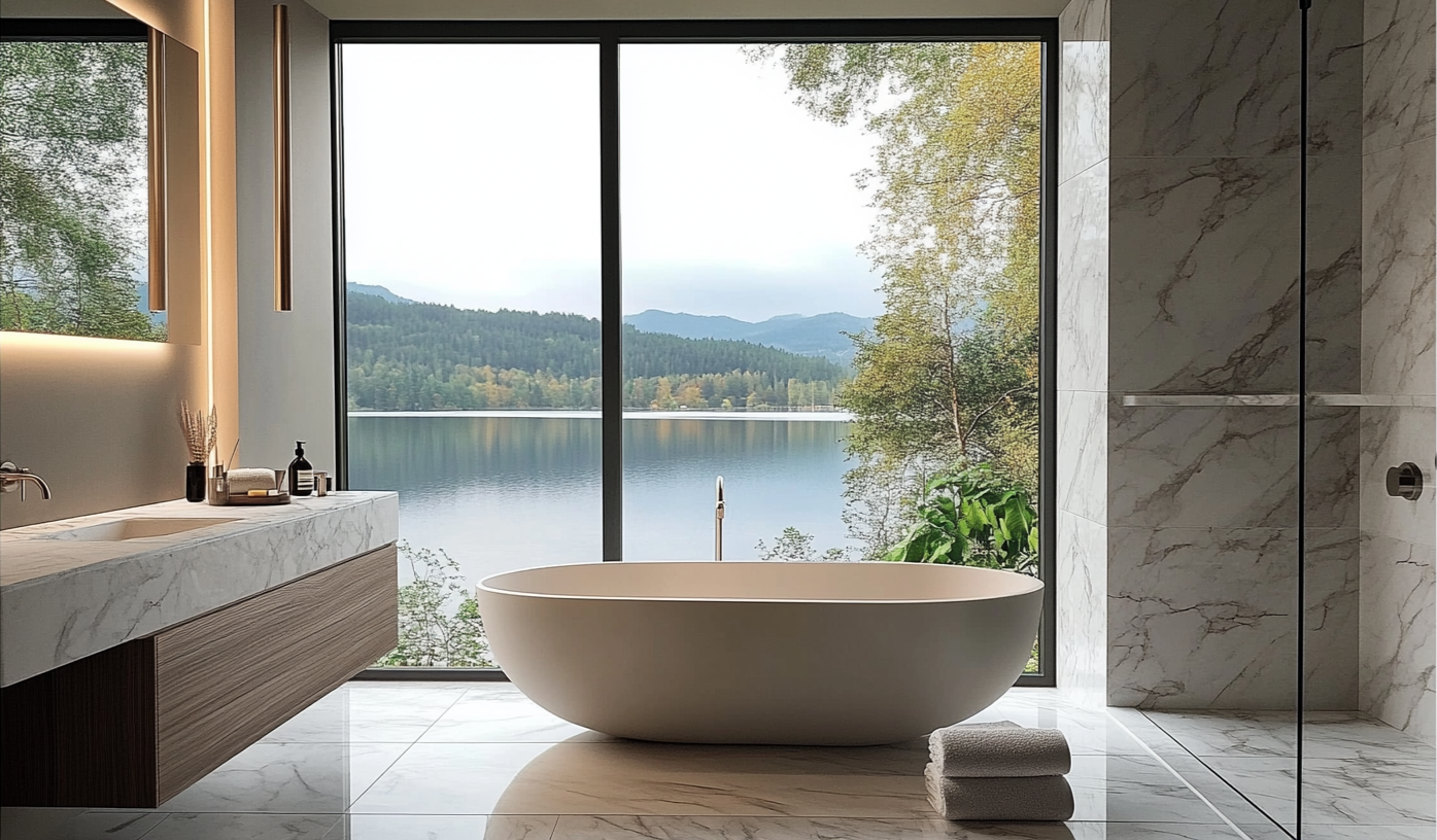 Bagno moderno con vasca da bagno freestanding vicino a grandi finestre con vista su un lago e montagne, rivestimento in marmo su pareti e pavimento, lavabo con piano in marmo, specchio con illuminazione integrata ed elementi di arredo in stile minimalista.