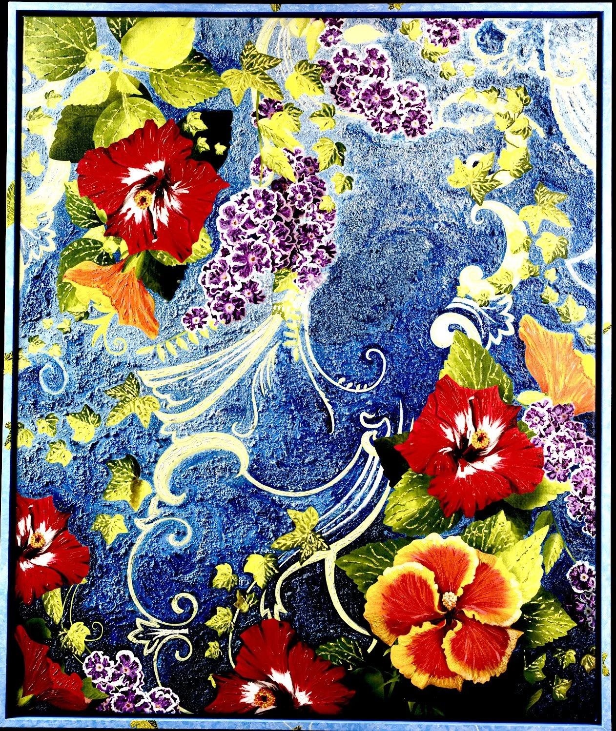 Colorful floral garden with red, yellow, and purple flowers against a textured blue background with white decorative swirls.