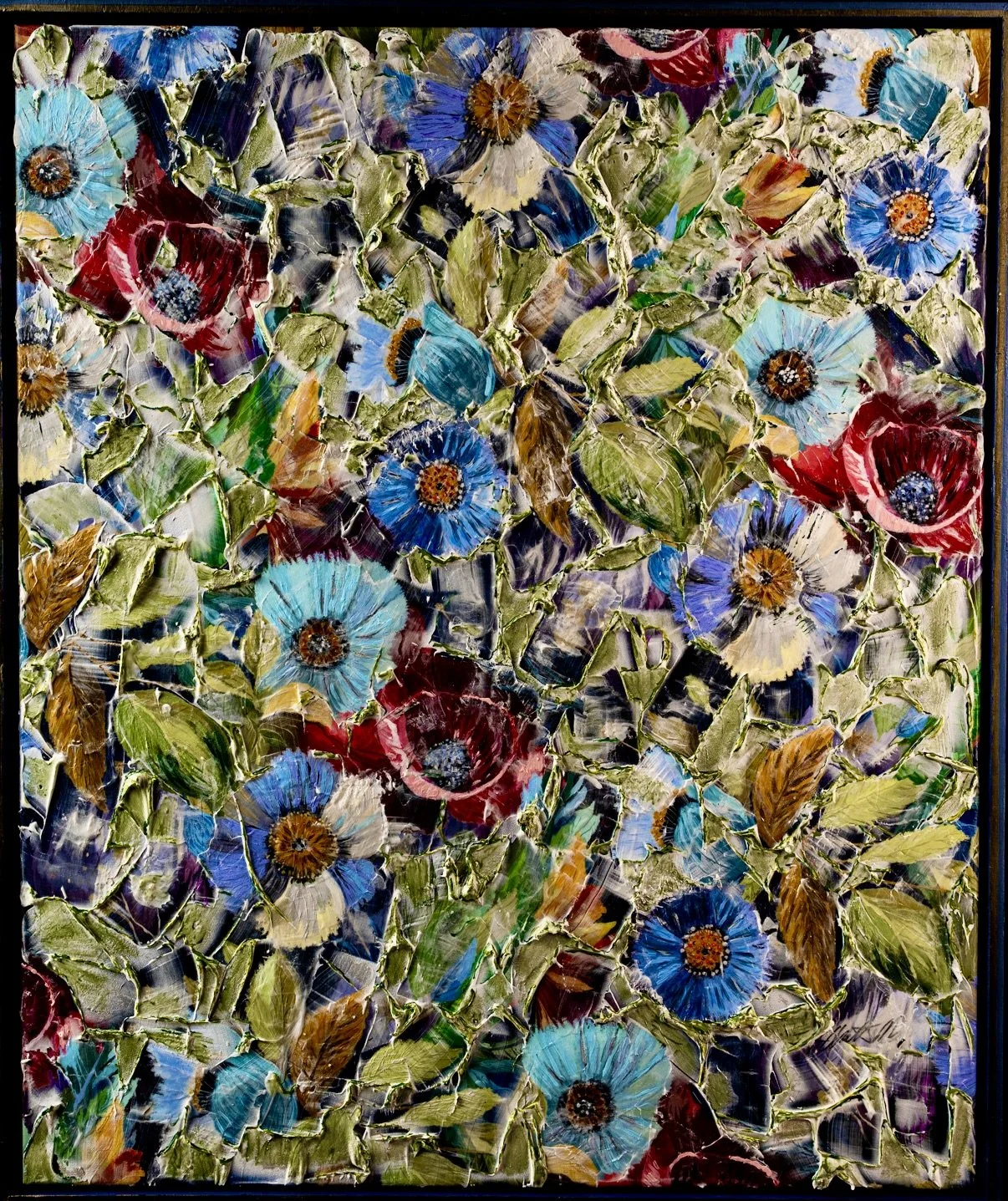 A colorful abstract floral painting with vibrant blue, red, white, purple, and green colors, featuring textured flower shapes and leaves.