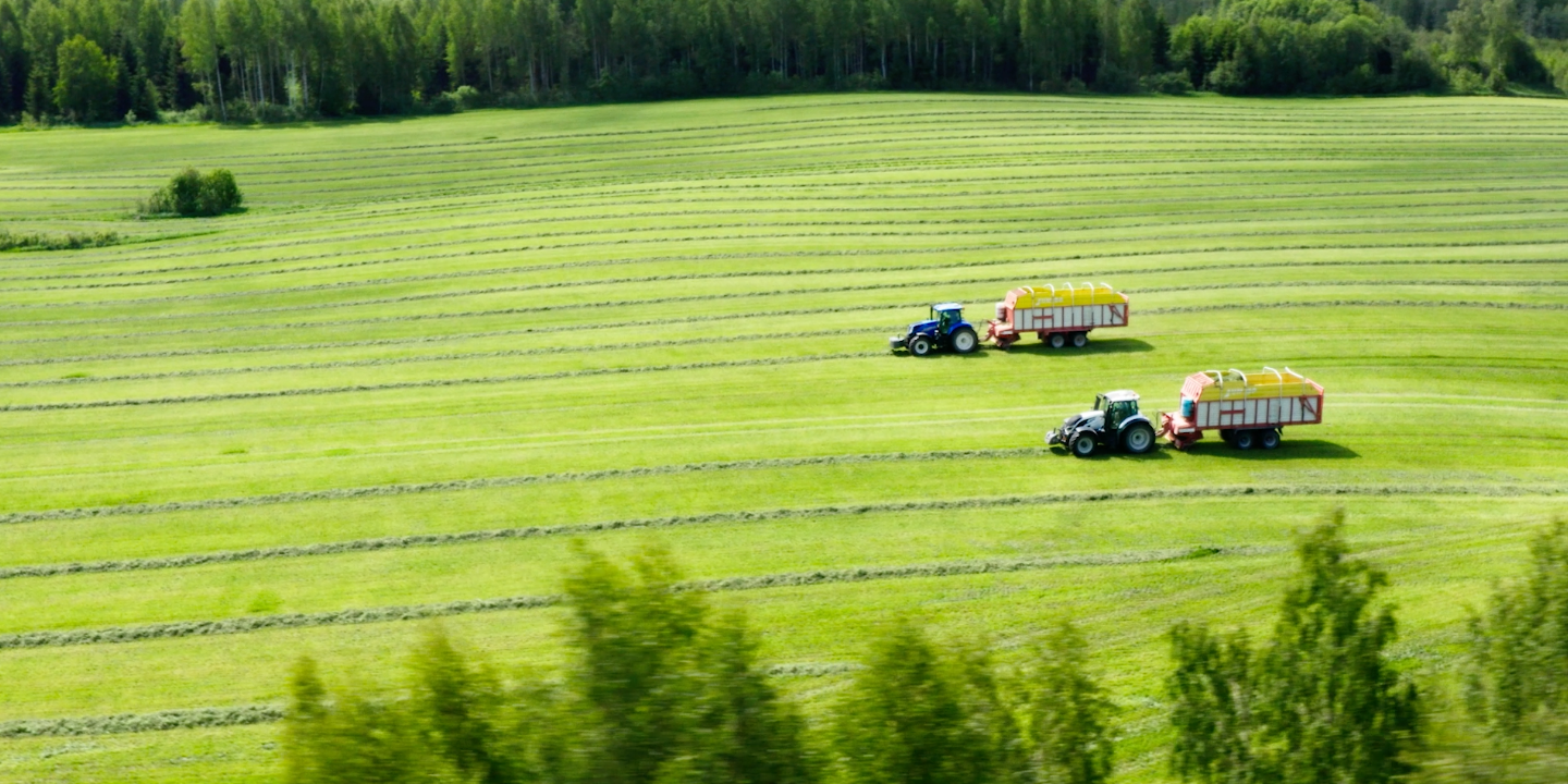 põllumajandustraktor niitmas rohumaad suurel põllul