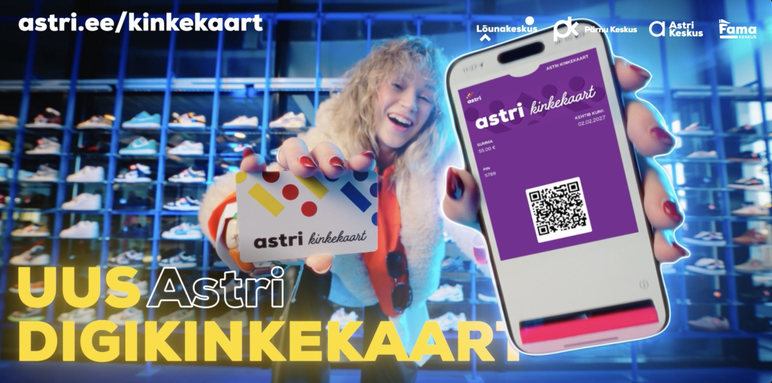 Astri digikinkekaart telefonis ja kinkekaart ostukeskuse taustal