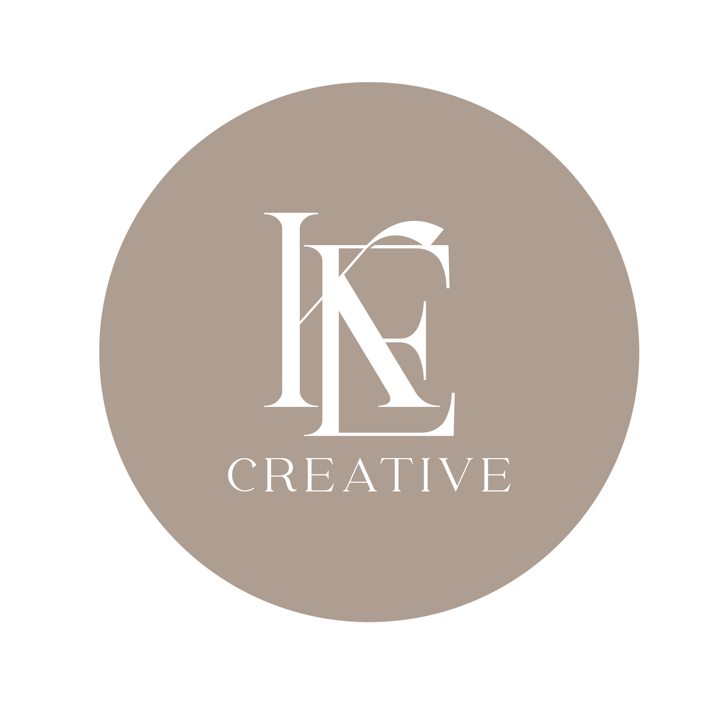 A circular logo with a taupe background and white text displaying 'KE CREATIVE' in a stylized font.