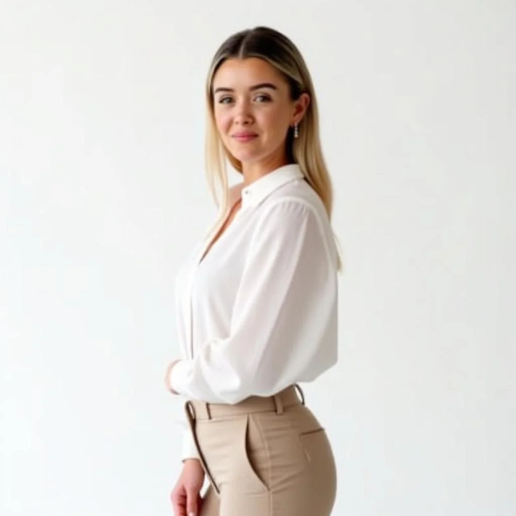 A young woman with blonde hair, wearing a white blouse and beige pants, standing against a plain white background.