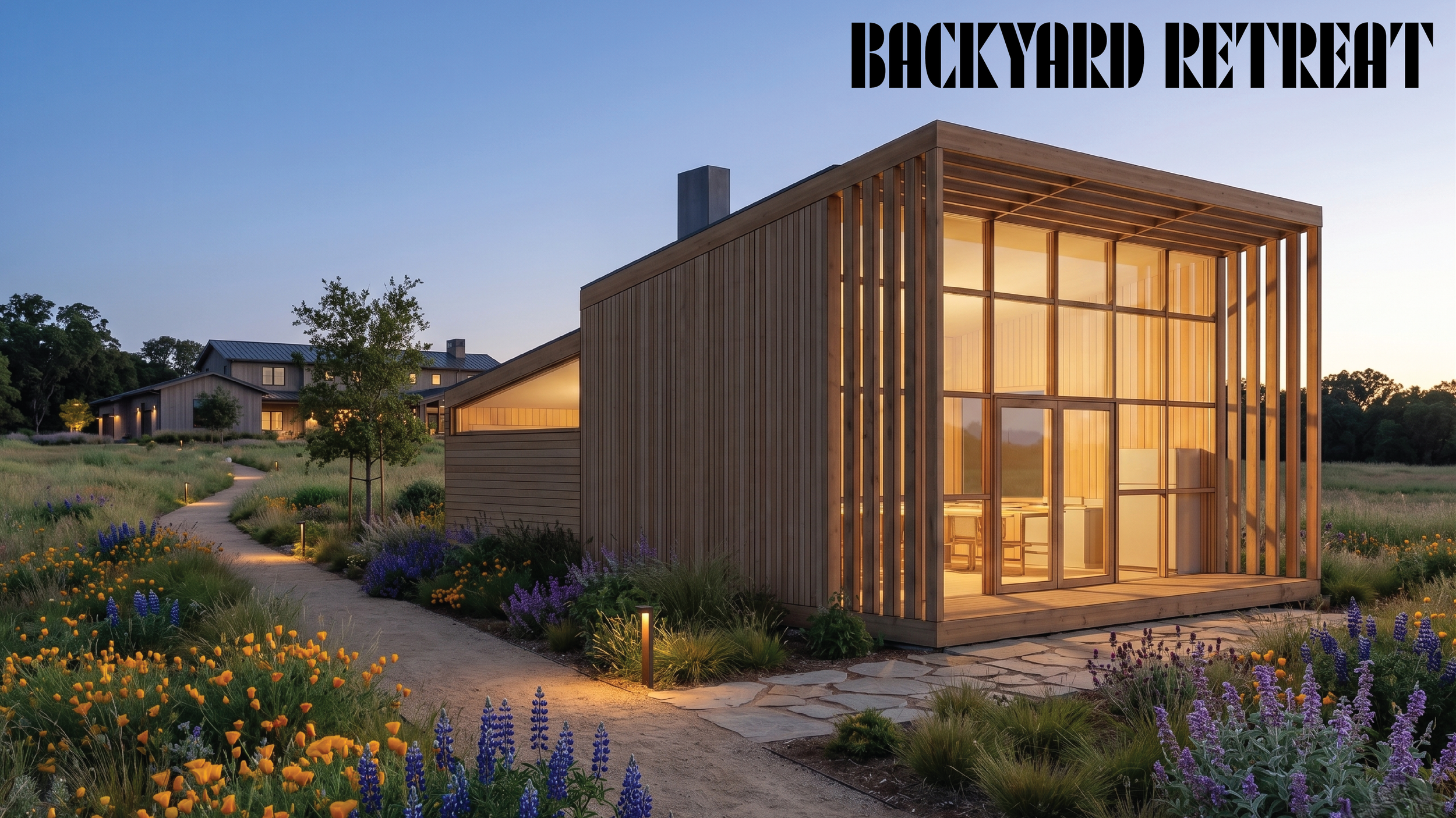Modern wooden backyard retreat with large glass windows, surrounded by flowering plants and a winding pathway, at sunset.