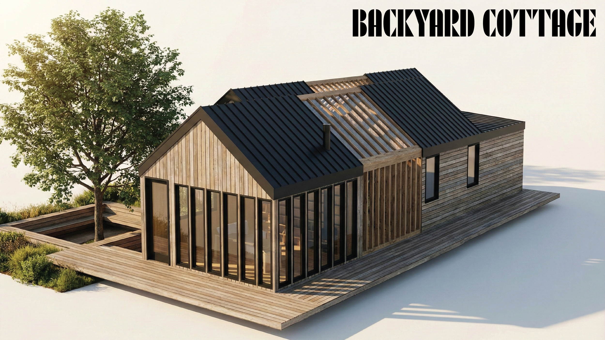Thoughtfully crafted to elevate what matters most for this Oakland residence. This modern backyard cottage comes with large glass windows, wooden siding, a metal roof, and a surrounding wooden deck, with a tree on one side.