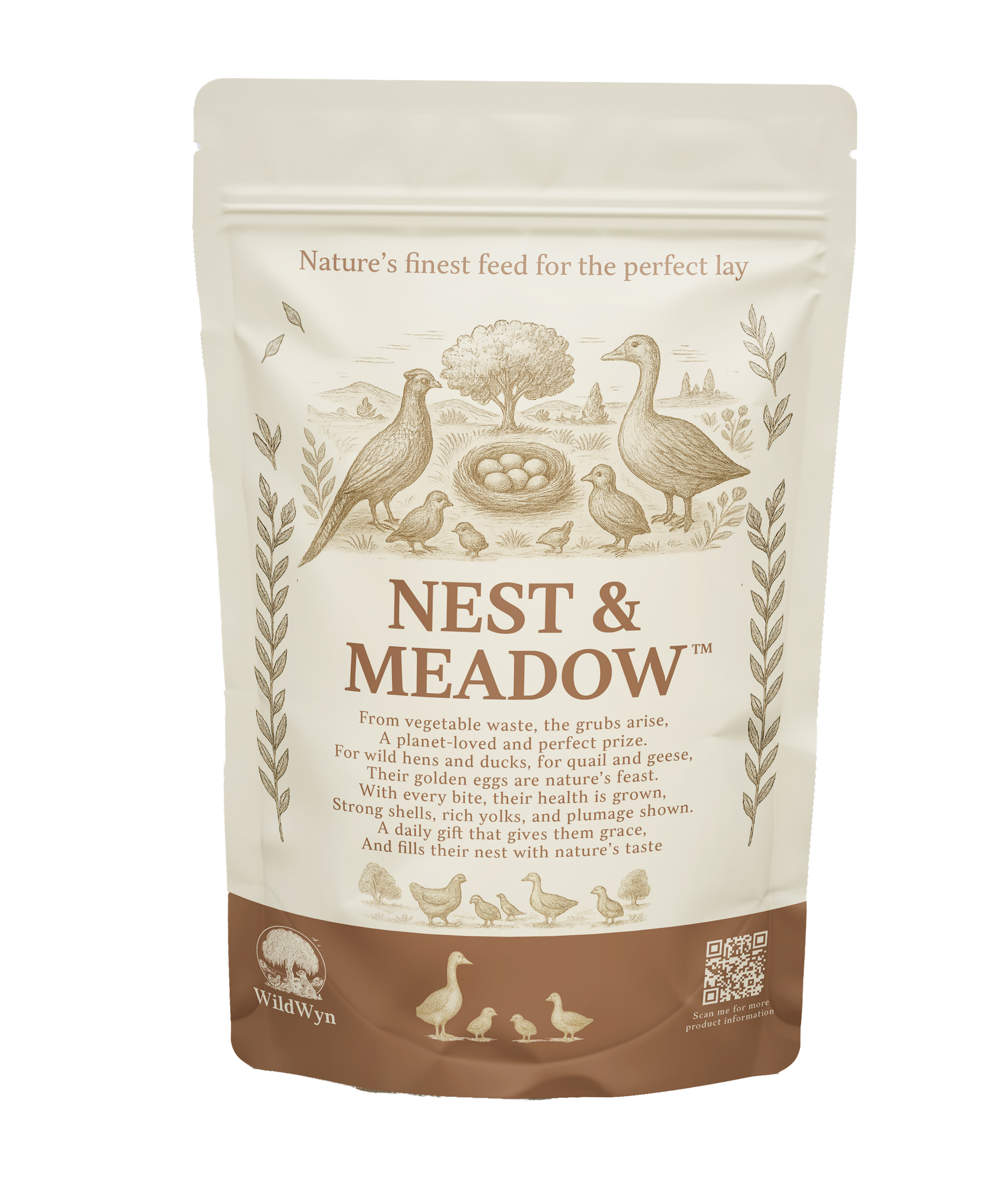 A beige and brown bag of WildWyn's Nest & Meadow bird feed featuring illustrations of wild birds and a nesting scene, made from Black Soldier Fly Larvae (Calciworms).