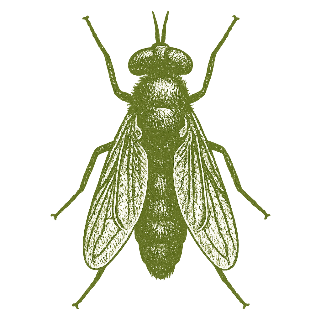 A green illustration of a black soldier fly (Hermetia illucens) with detailed wings and body.