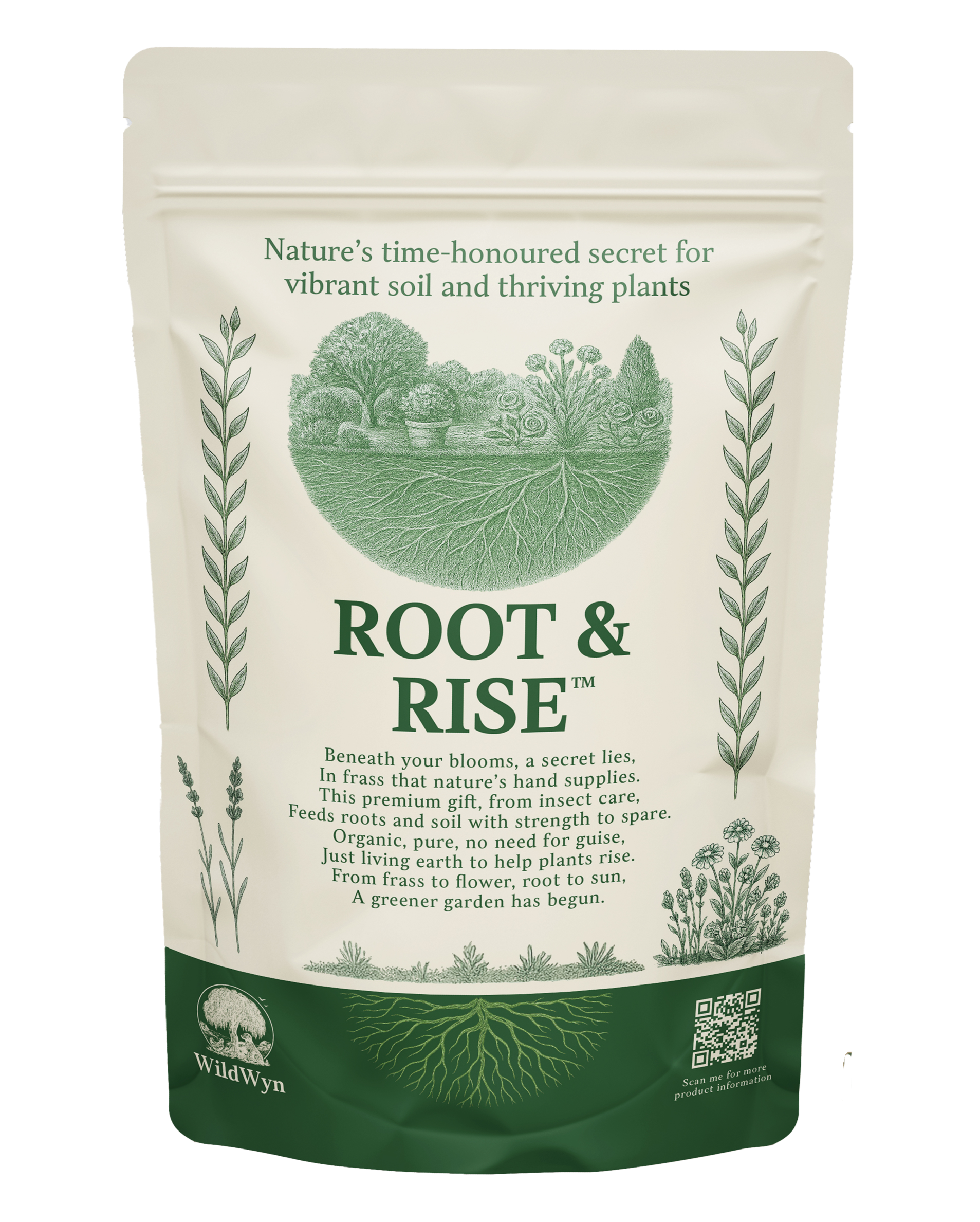 A pouch of Root & Rise insect frass fertiliser by WildWyn, with a green and white botanical design.