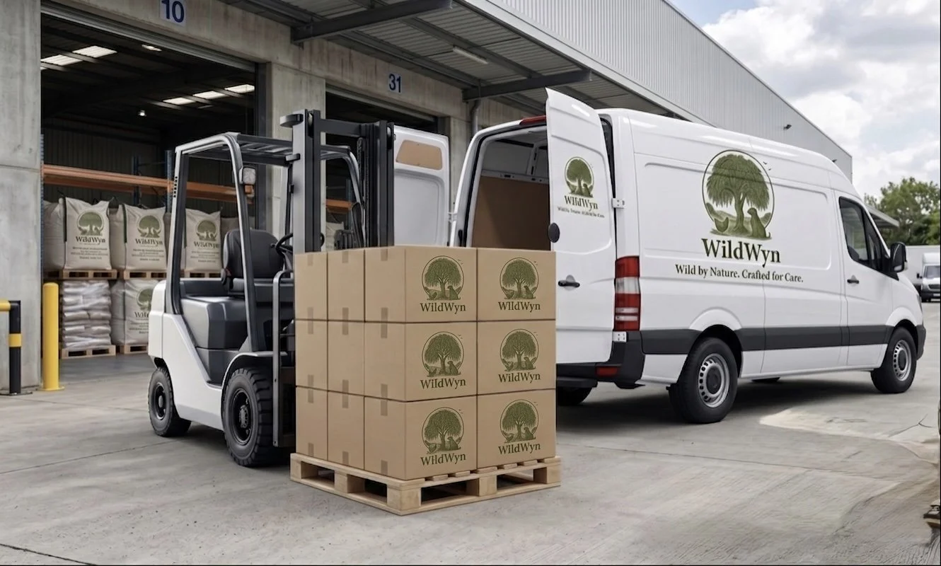 A pallet of boxes labeled 'WildWyn' is being loaded into a delivery van labeled 'WildWyn' outside a warehouse using a forklift. The warehouse has the number 31 visible on the wall.