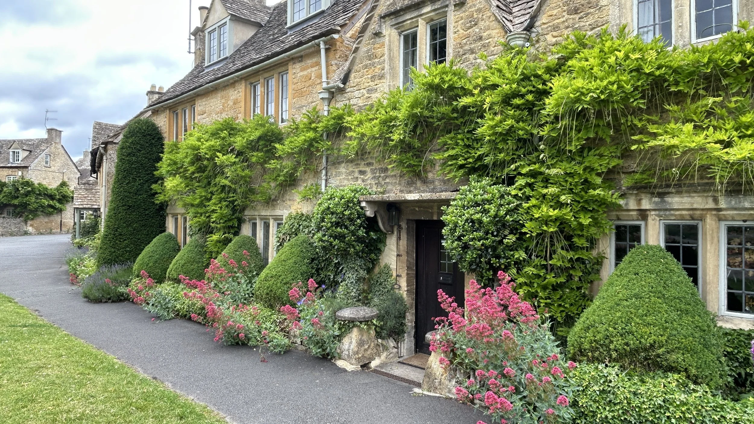Wildwyn, black soldier fly, insect, natural products. A stone house with climbing vines and well-manicured bushes, pink flowers, and a paved sidewalk in front.