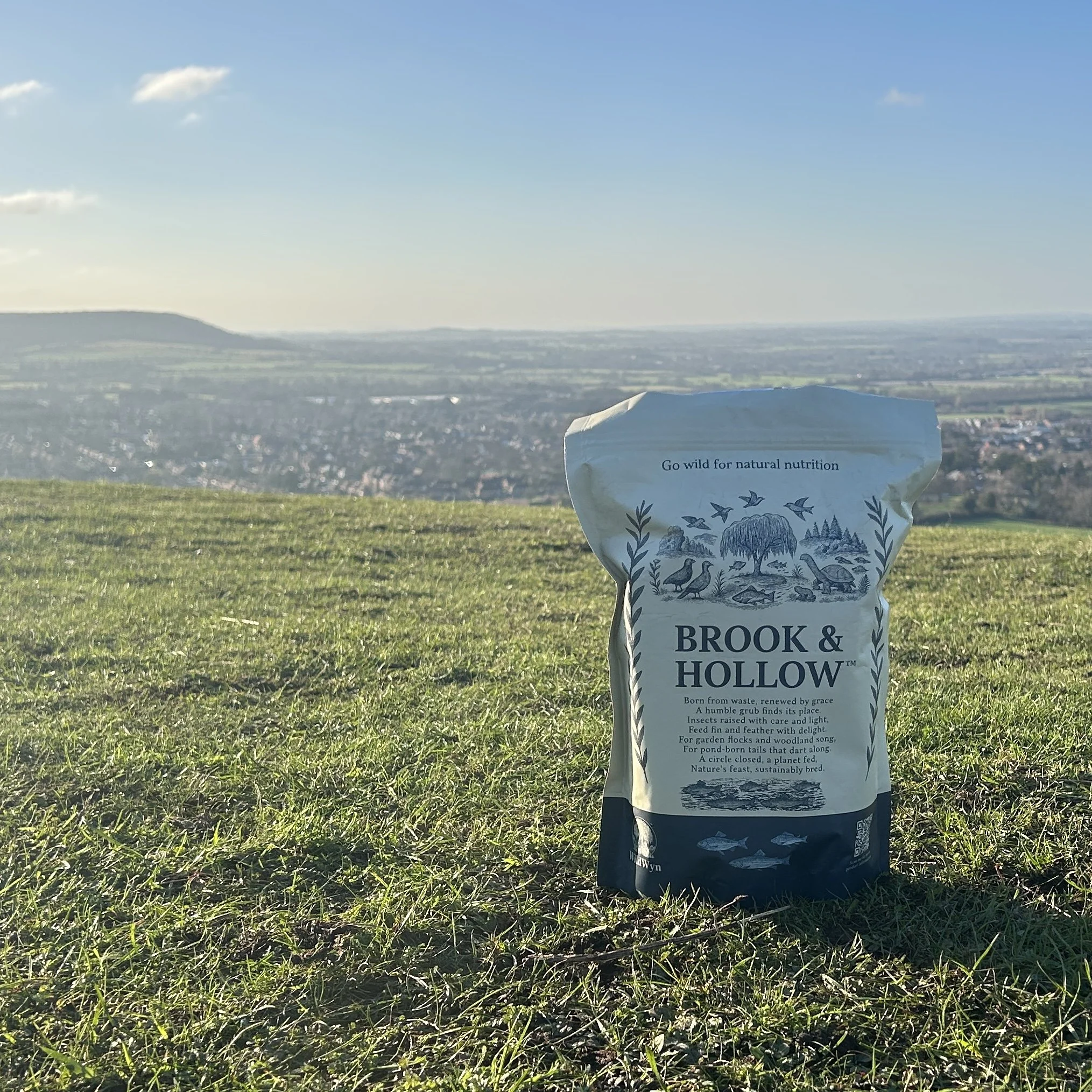 A bag of bird seed with the text "Go wild for natural nutrition" and illustrations of birds and trees, set on a grassy hill with a scenic landscape and blue sky in the background.