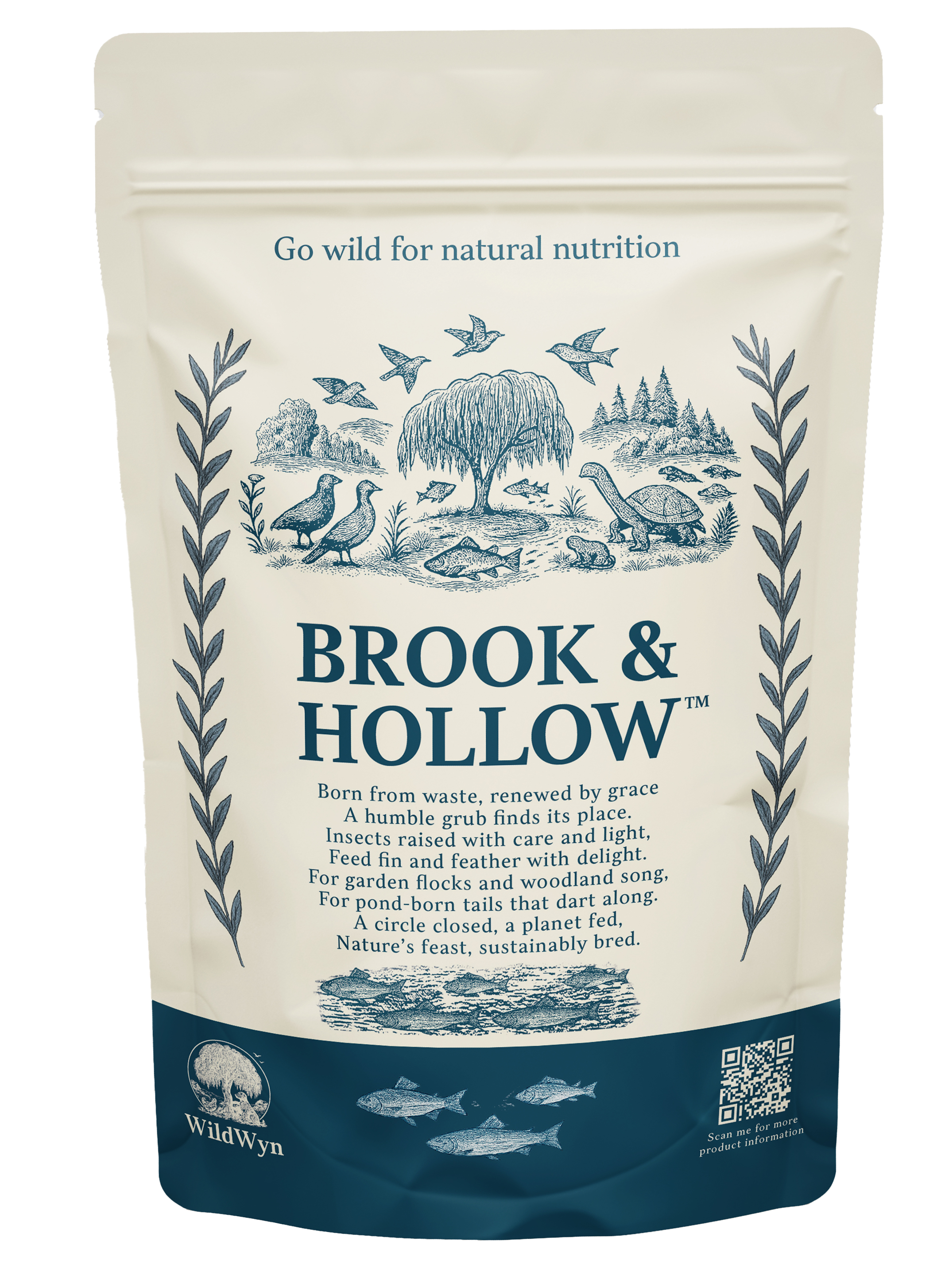 A bag of WildWyn Brook & Hollow bird and pond habitat seed mix featuring illustrations of birds, a turtle, fish, a tree, and nature scenes. Made from Black Soldier Fly Larvae (Calciworms).