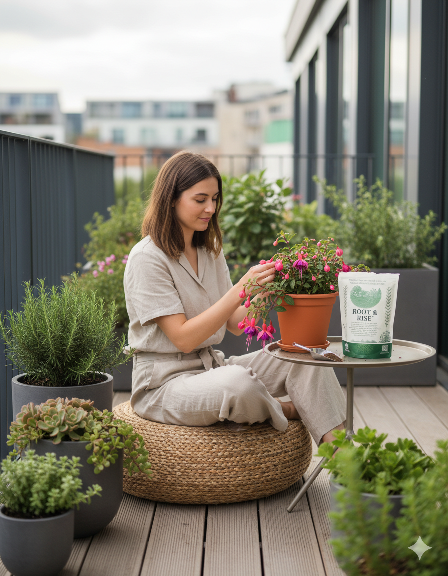 A young woman gardening on a balcony terrace surrounded by various potted plants.