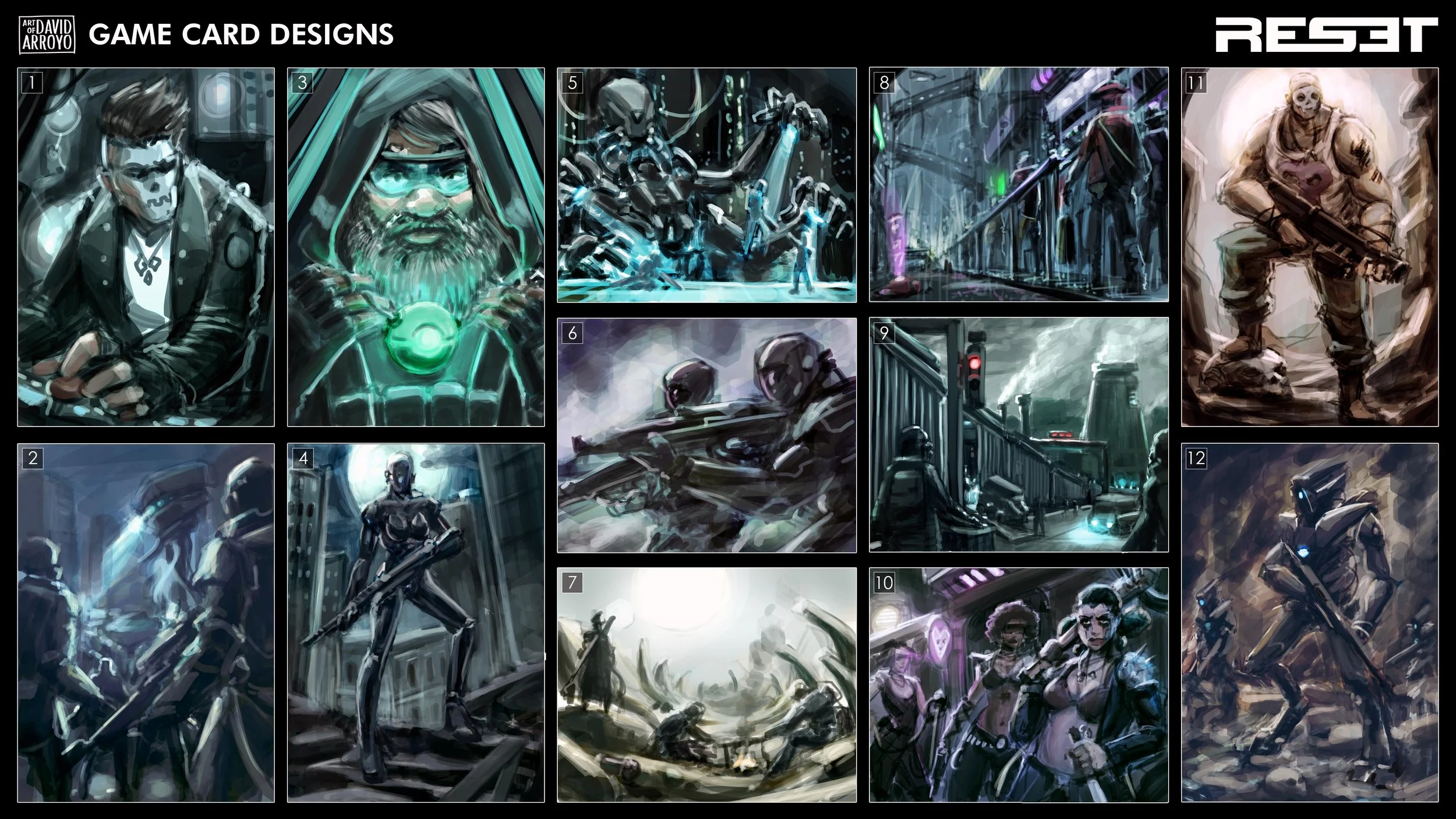 Collection of digital art illustrations of futuristic and cyberpunk-themed game characters and scenes. Includes a man with tattoos at a console, a bearded man with a glowing orb and visor, robotic figures in battle, neon-lit cityscapes, heavily armed