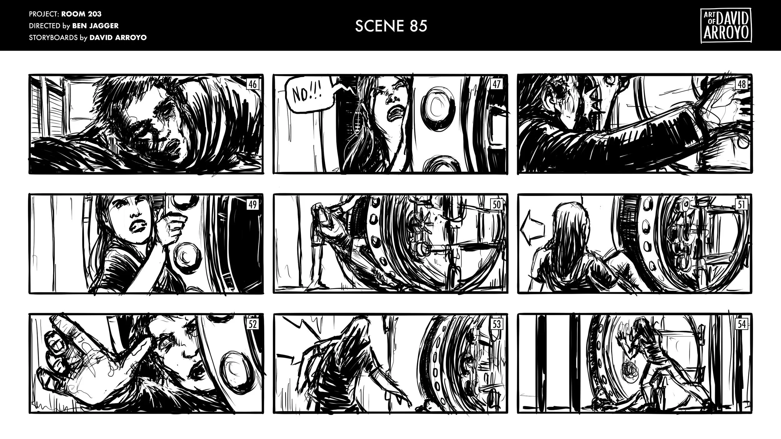 Black and white storyboard illustrating a dramatic scene with a woman in distress, trying to escape from a man inside a confined space, and eventually escaping through a door.