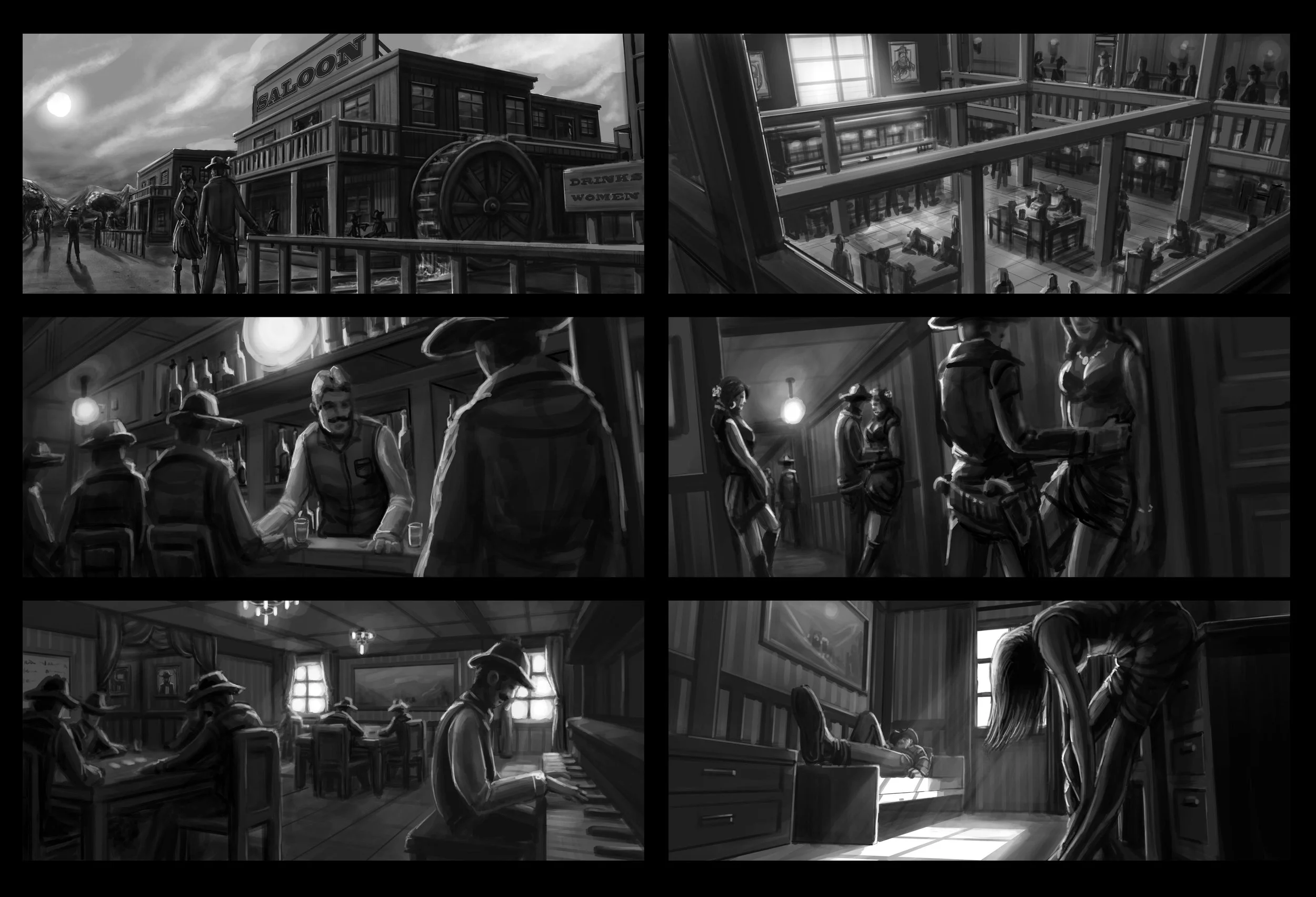 Silhouette of a deserted Western town with a saloon and horse-drawn carriages, seen from an elevated inside view, with a group of cowboys at a bar, women in a hallway, a person playing piano, and a woman adjusting her shoe by a window.