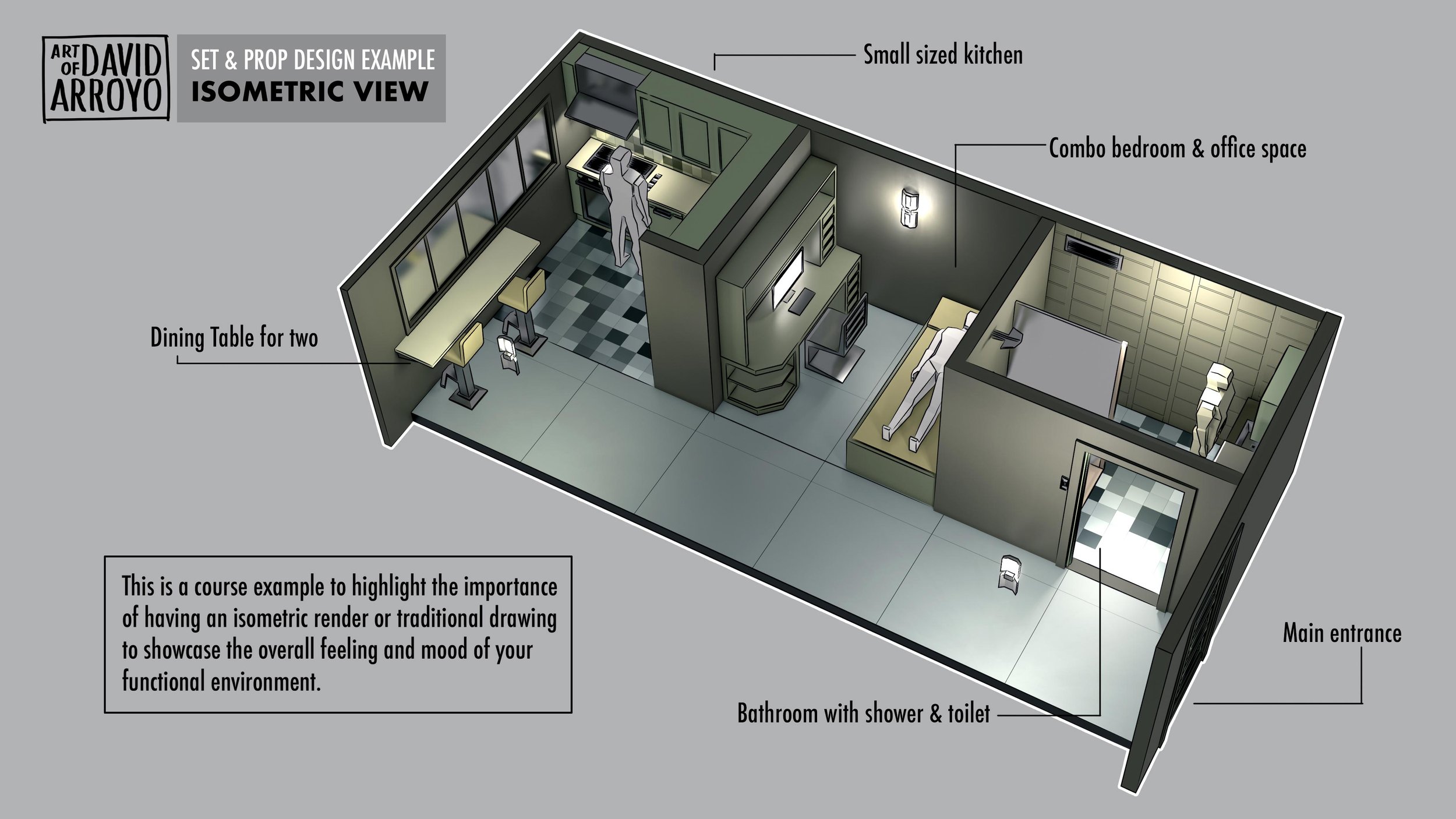 Isometric view of a small, functional living space with labeled areas: a small kitchen with a person cooking, a dining table for two, a combo bedroom and office space with a person working on a computer and lying on a bed, a bathroom with a shower an