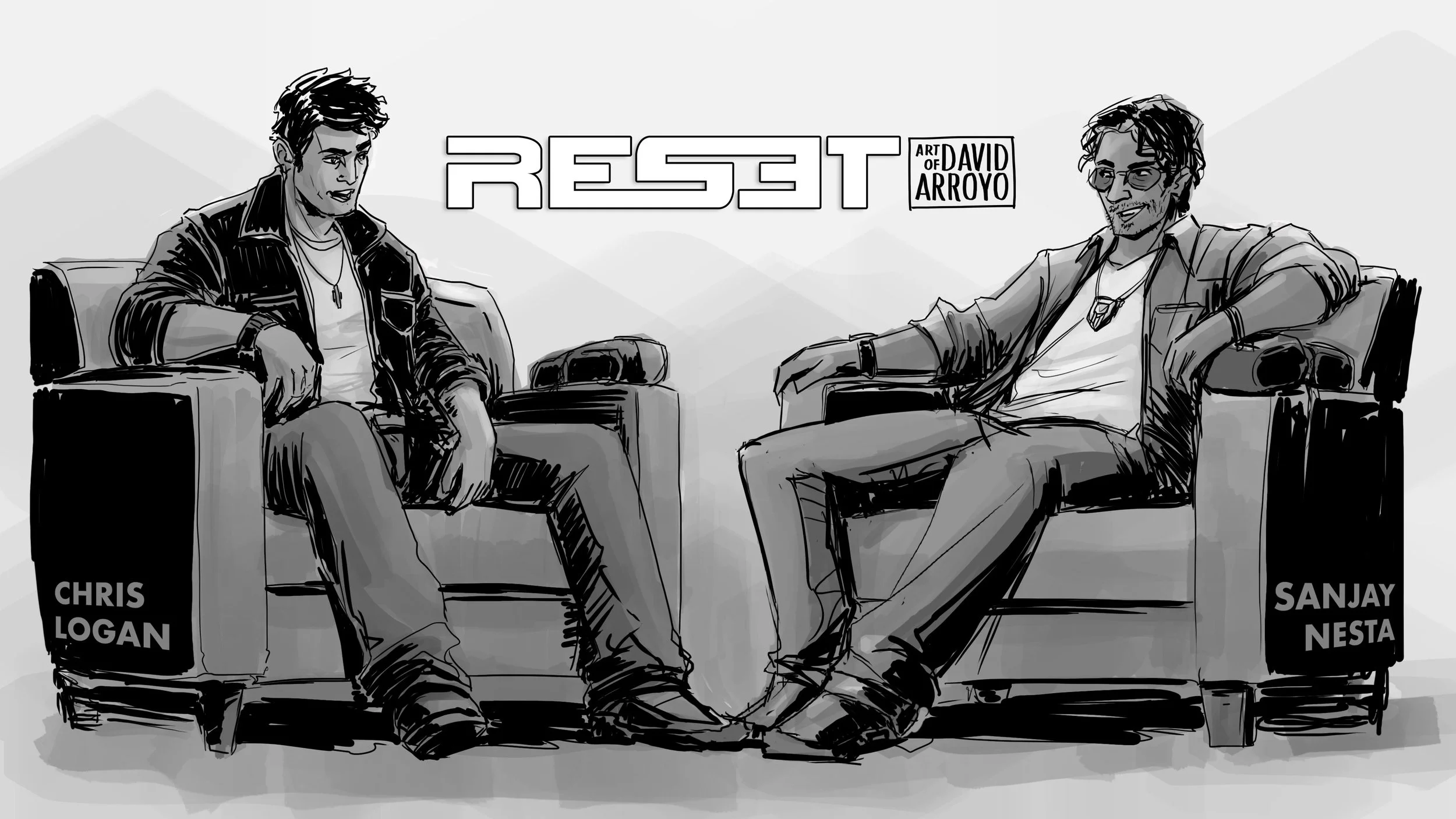 Black and white illustration of two men sitting on armchairs facing each other. The man on the left, labeled Chris Logan, has dark hair, is wearing a jacket over a t-shirt, and is holding a phone. The man on the right, labeled Sanjay Nesta, has curly