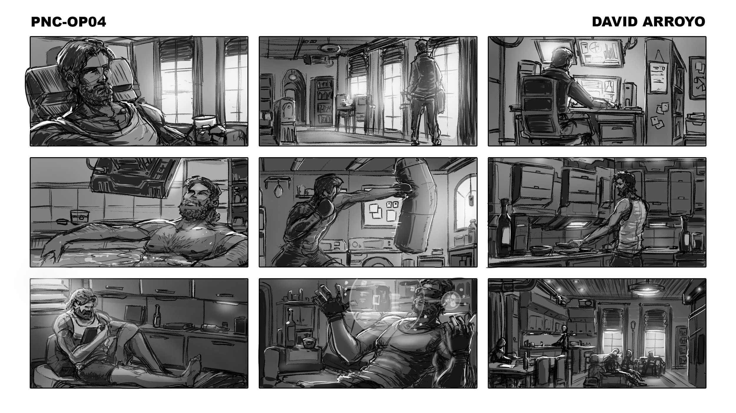 A black and white comic strip with nine panels depicting a man through different moments of his day, including resting, working at a computer, boxing, cooking, drinking, and relaxing at a restaurant.