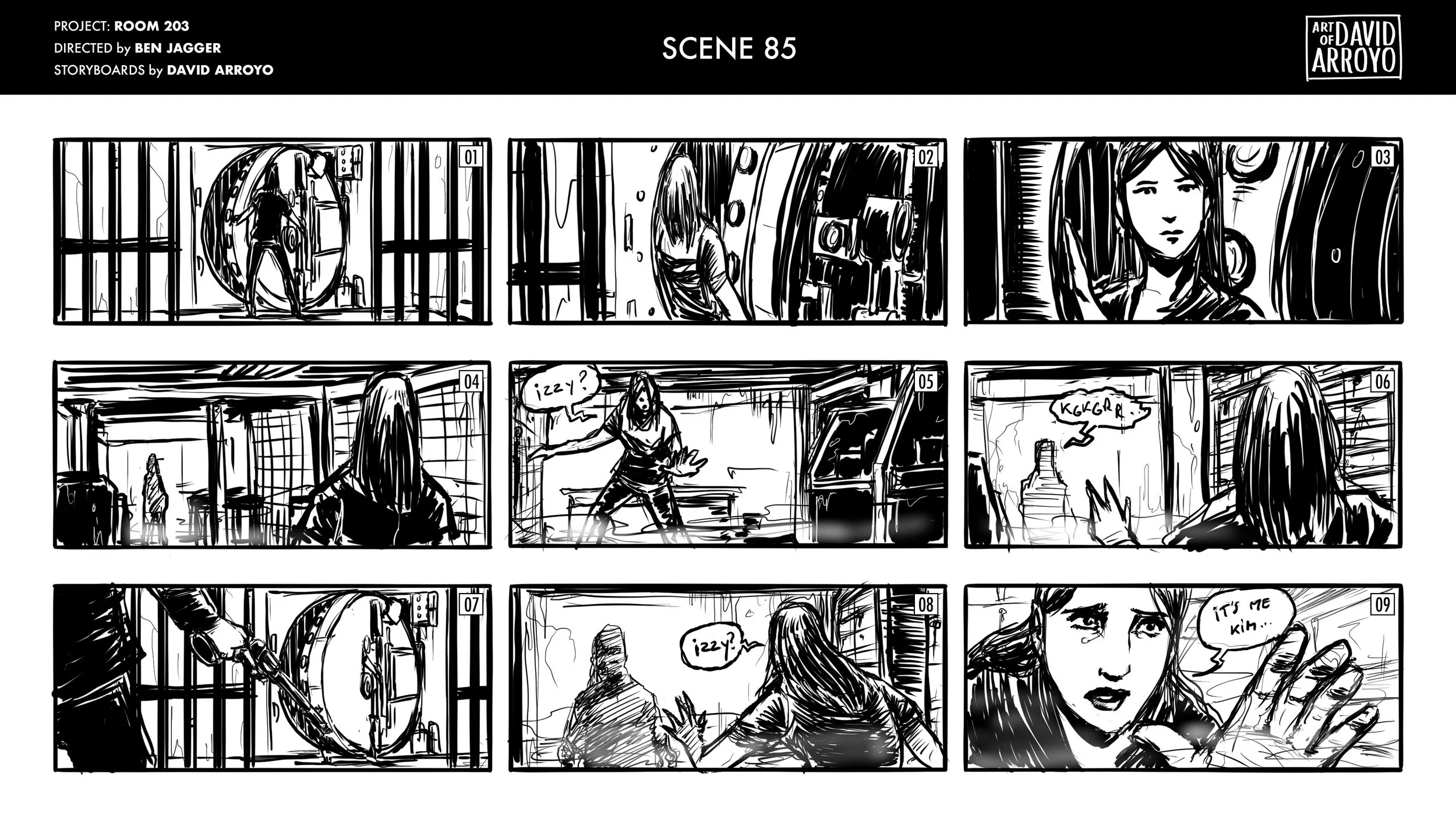 Storyboard panels from a comic showing a woman in a prison-like setting, opening her cell, then appearing to converse with a figure outside, revealing she is named Kim.
