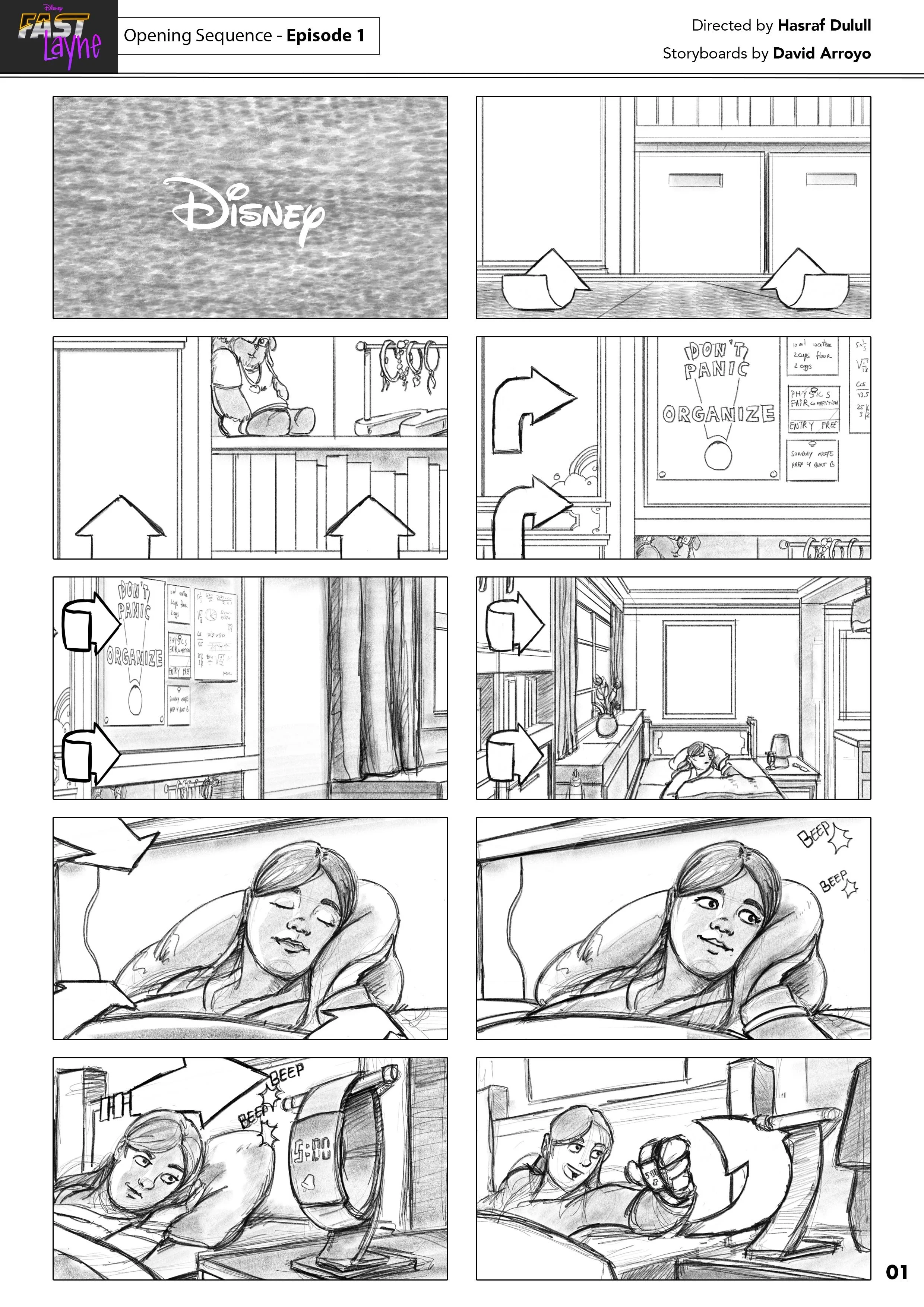 Storyboard sketches for Disney's 'Fast Layne' episode 1, showing scenes of a girl relaxing at home, waking up, and playing with a robotic device.