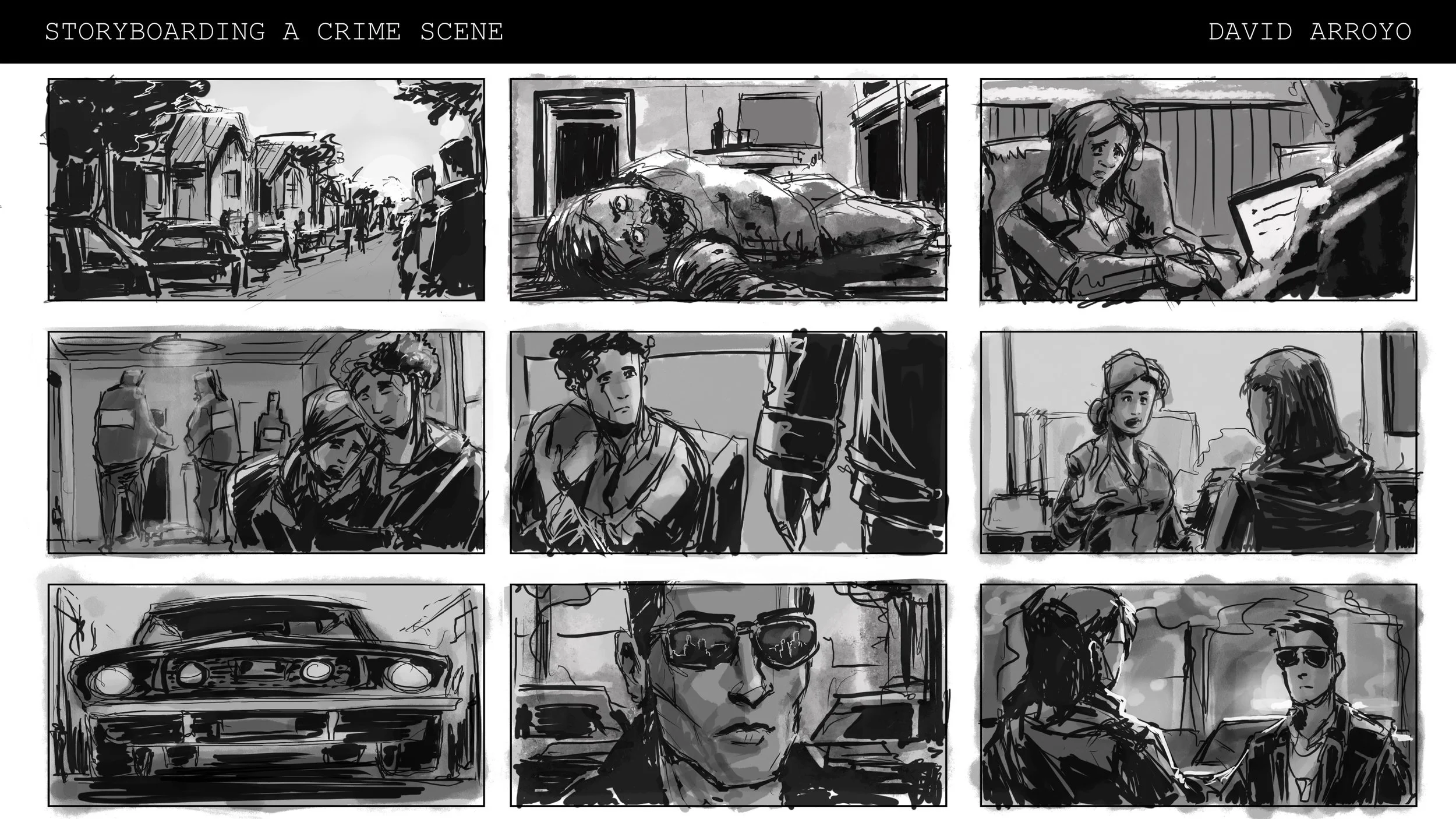 Nine storyboard panels depicting a short sequence from a crime scene