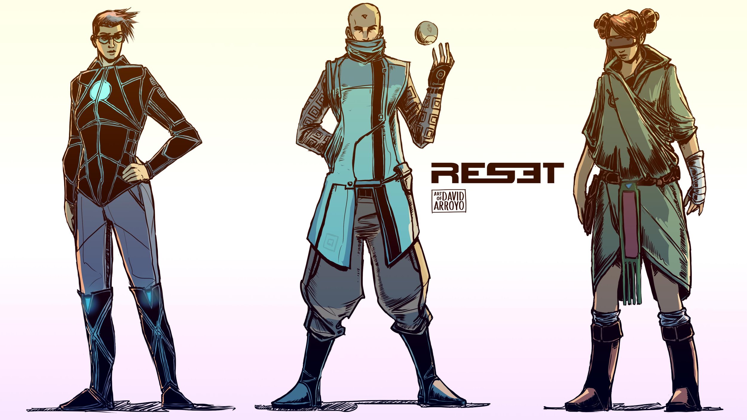 Three futuristic characters stand side by side. The left character is a woman with short hair and glasses, wearing a high-tech black and blue bodysuit. The middle character is a bald person with a scarf around their neck, wearing a long blue coat, bl