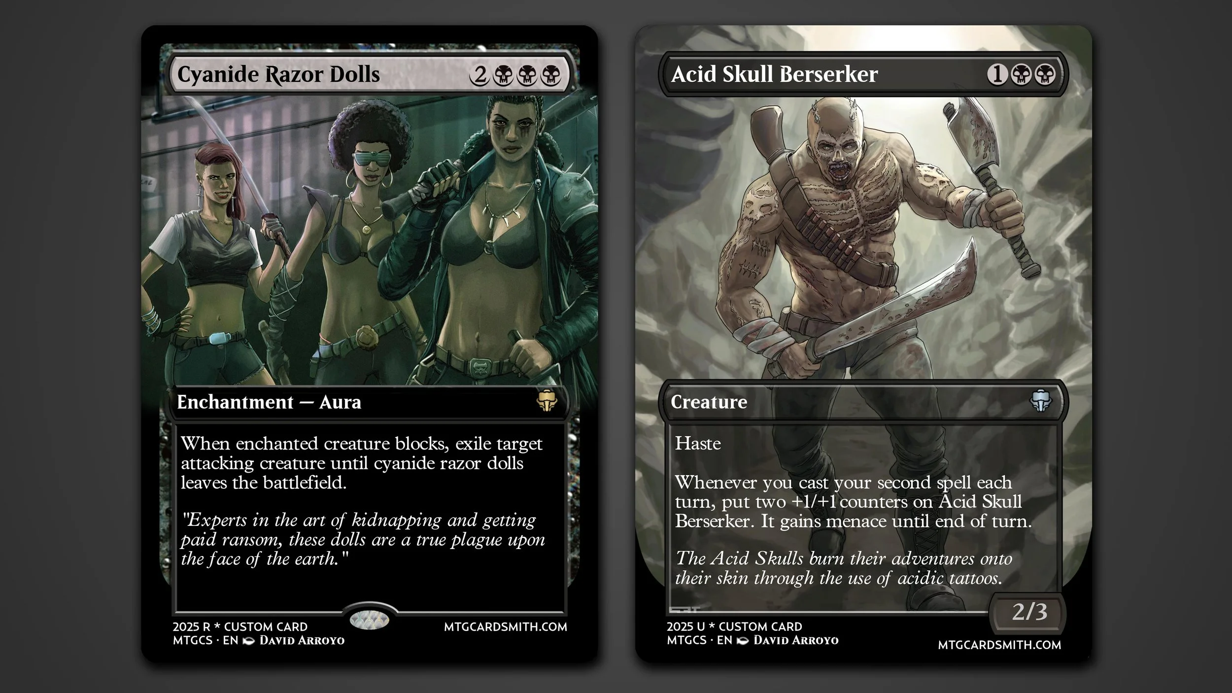 Two custom Magic: The Gathering cards featuring characters. The left card shows three women with hair styles and clothing, titled "Cyanide Razor Dolls," with an aura enchantment effect. The right card depicts a muscular, bald man wielding a large kni