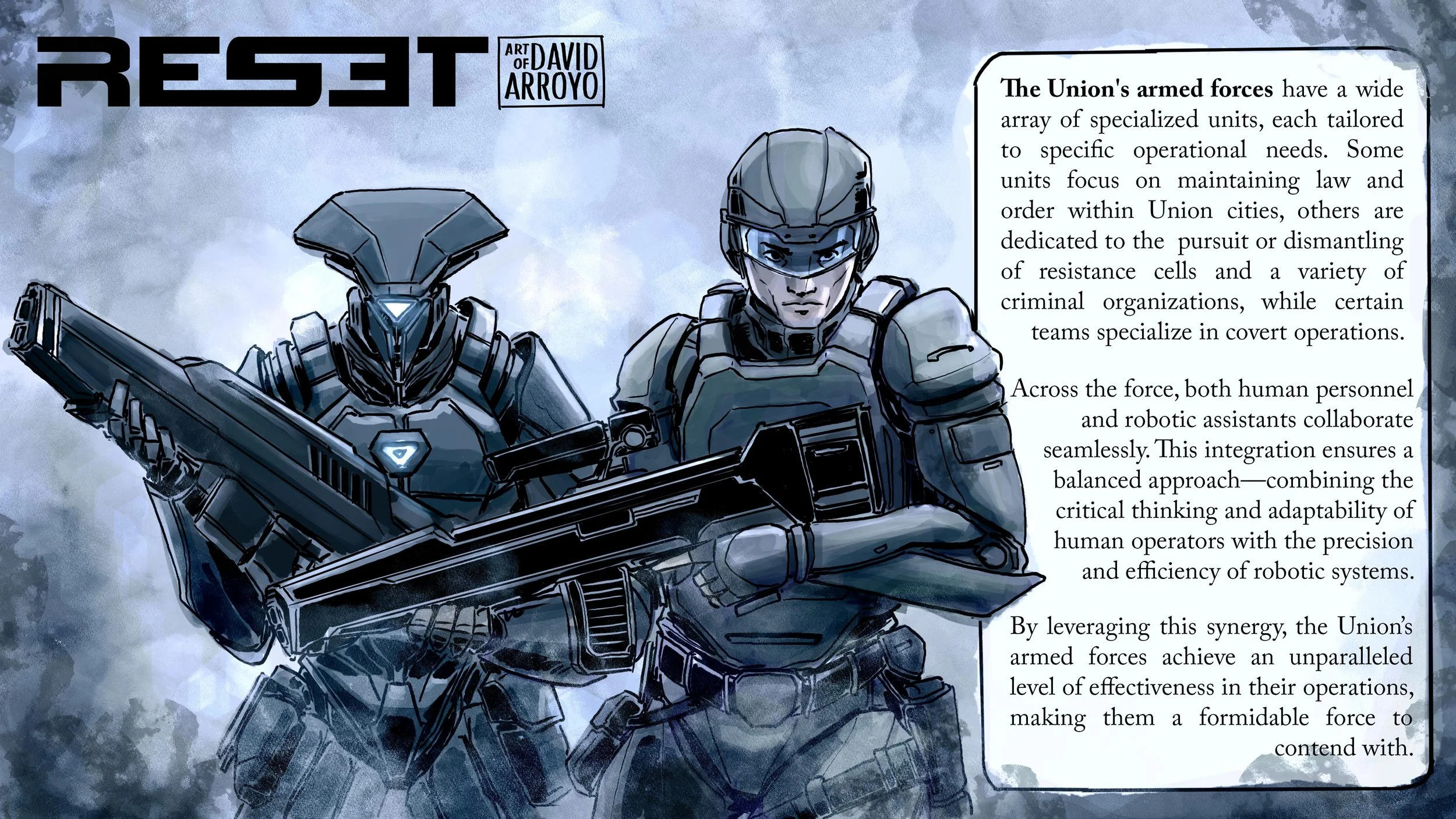 A futuristic illustration featuring two armored soldiers, one humanoid and one robotic, armed with advanced weapons. The background is a smoky, cloudy scene. The text on the right describes the Union's armed forces and their cooperative operations.