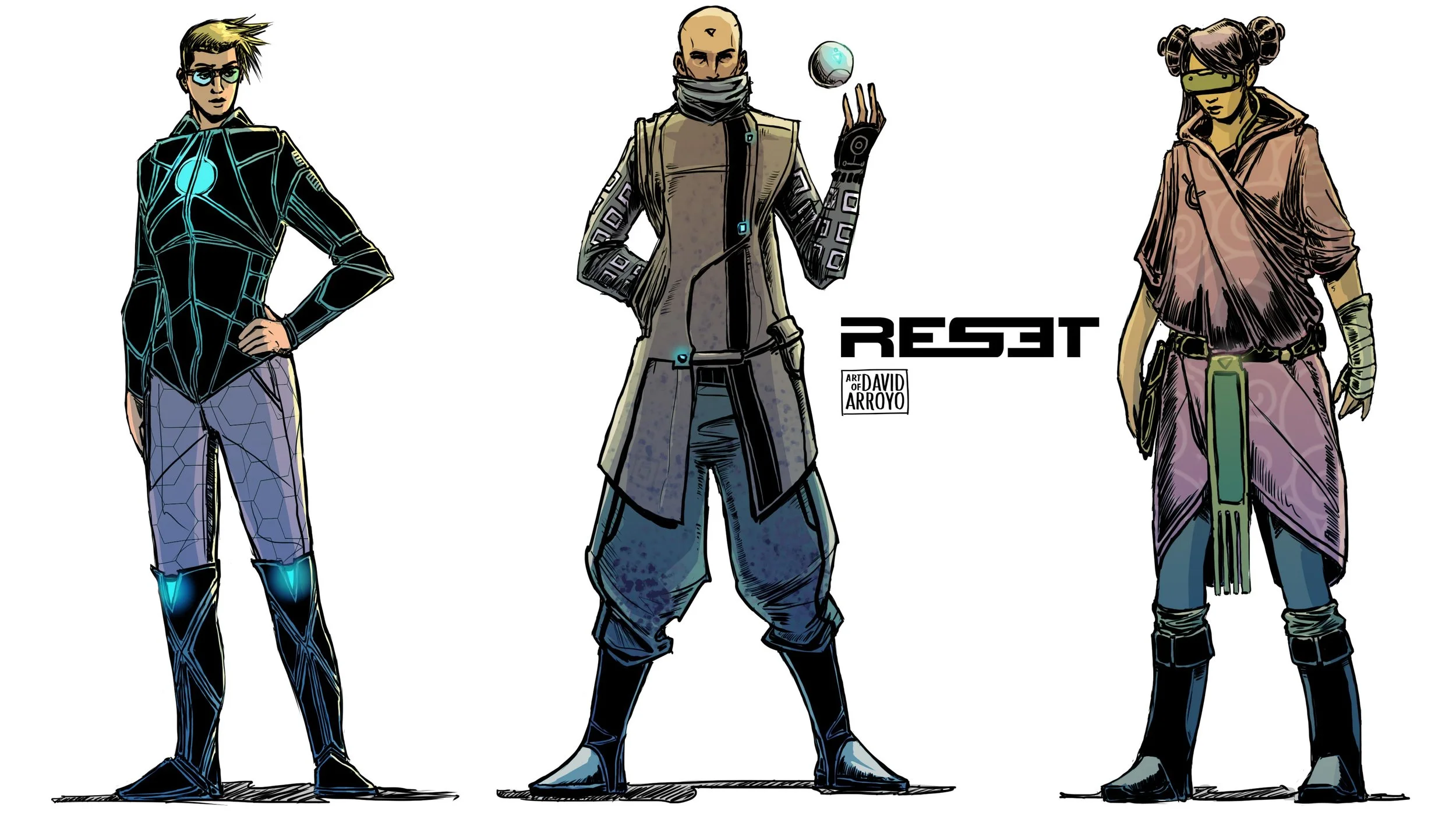Digital illustration of three futuristic characters in unique outfits. The left character wears a black suit with glowing cyan lines, purple patterned pants, and black boots. The middle character has a bald head, wears a long coat, pants, and boots, 