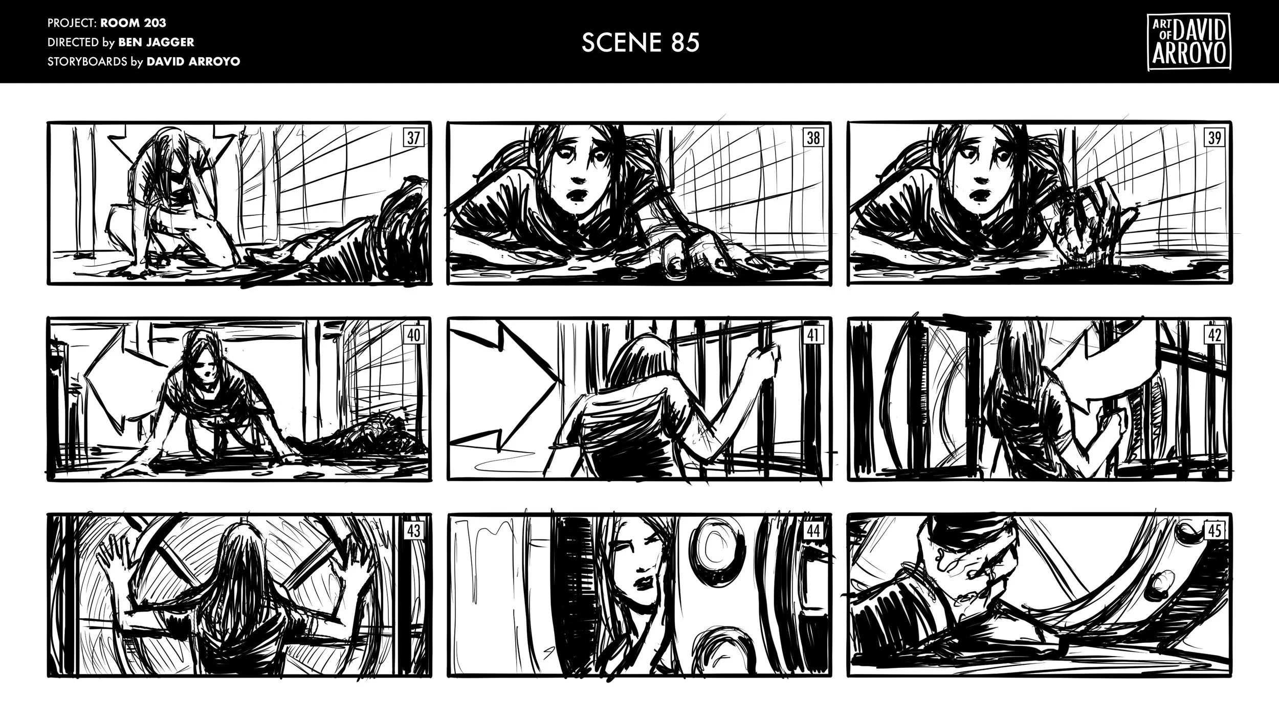 Storyboard sketches of a woman in a prison cell, showing her reaching out, sitting and reading a note, then pressing her hands against the bars, and finally holding her head.