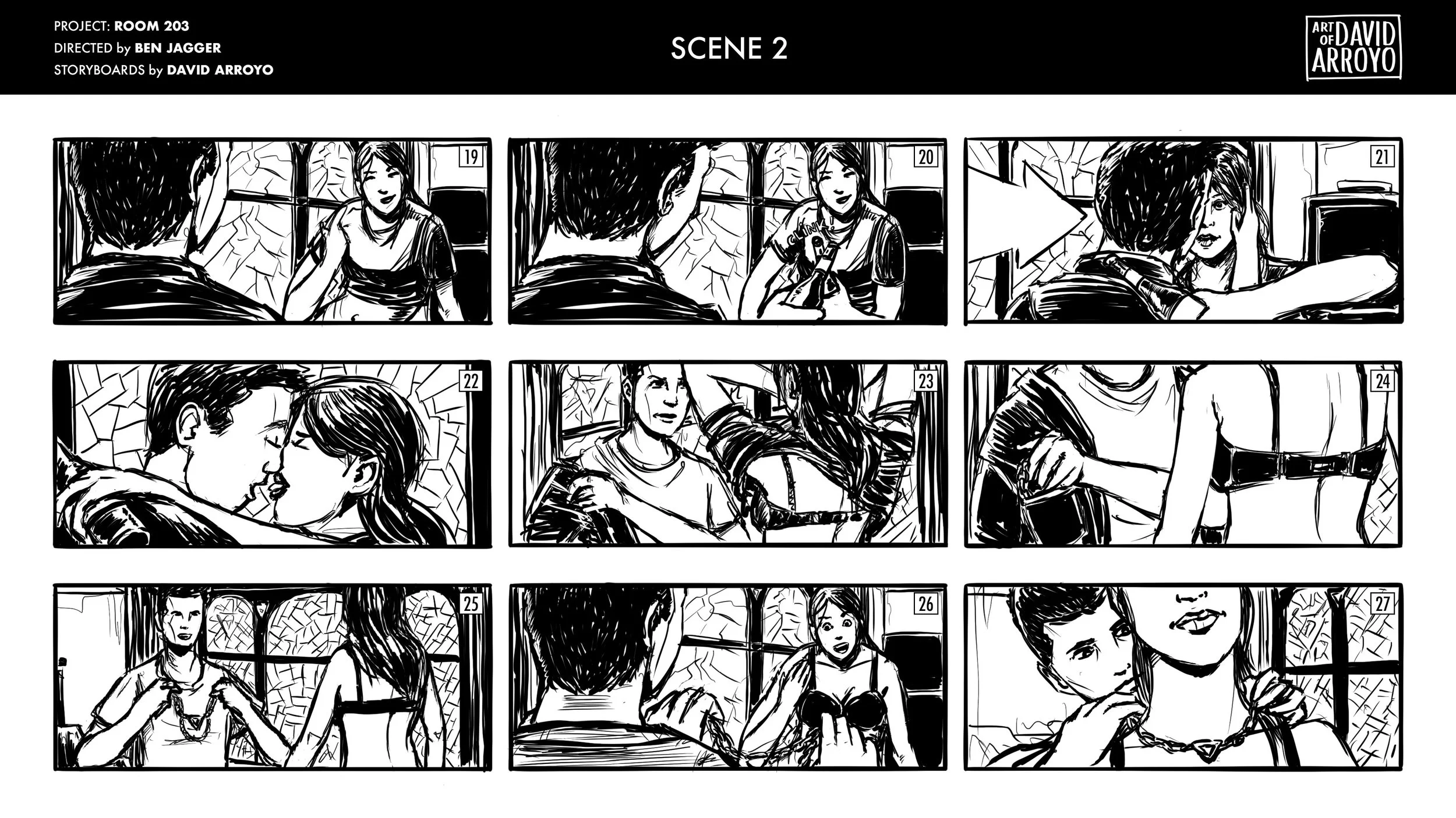 Black and white storyboard panels depicting scenes between a man and a woman, involving conversations, intimate gestures, and wardrobe changes, set in a room with a window.