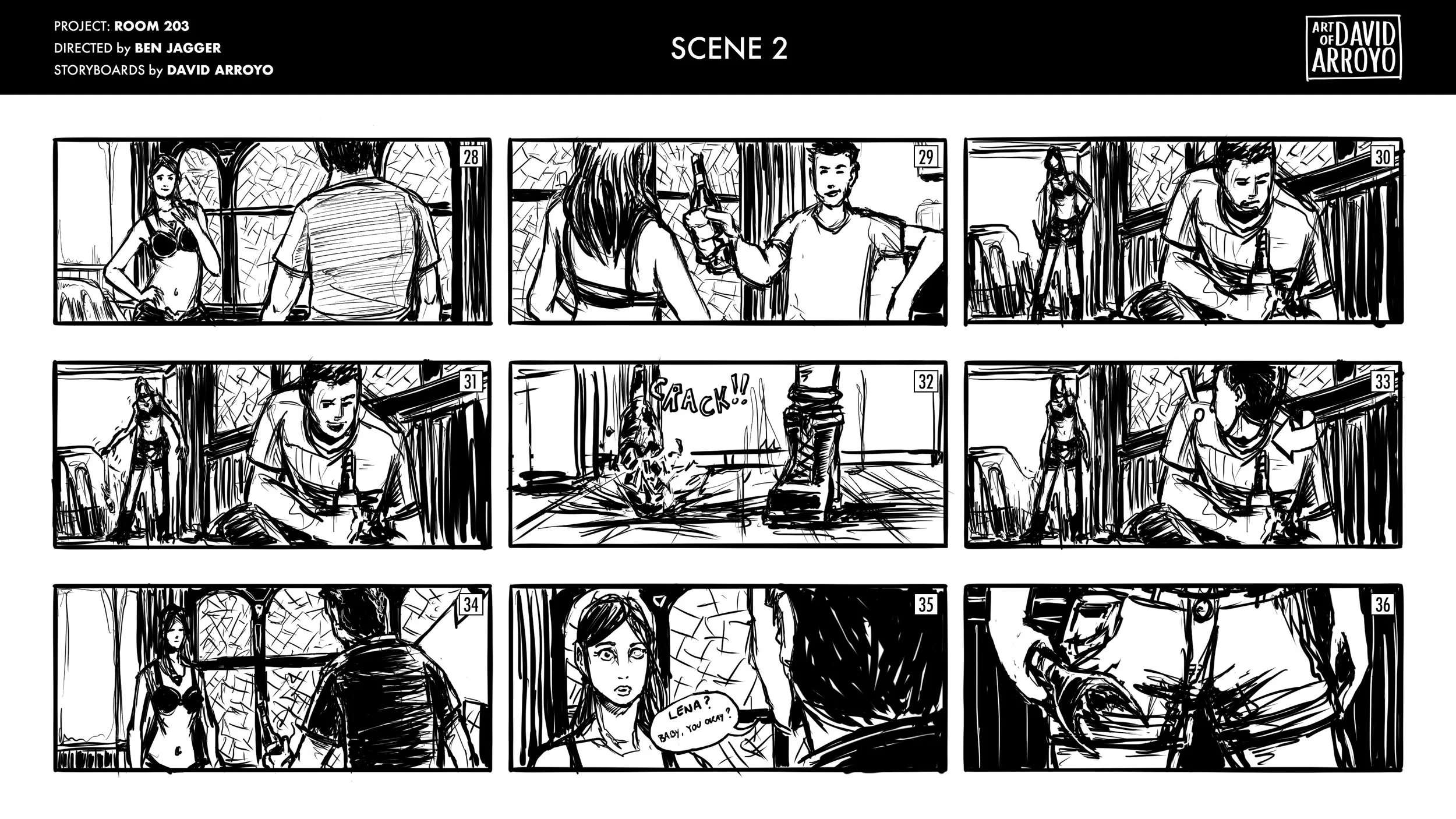 Black and white storyboard panels from a film or TV project, showing a scene with a woman with a camera, a man offering her a drink, a man scuffling with a woman with a gun, and another woman reacting to a man named Lena.