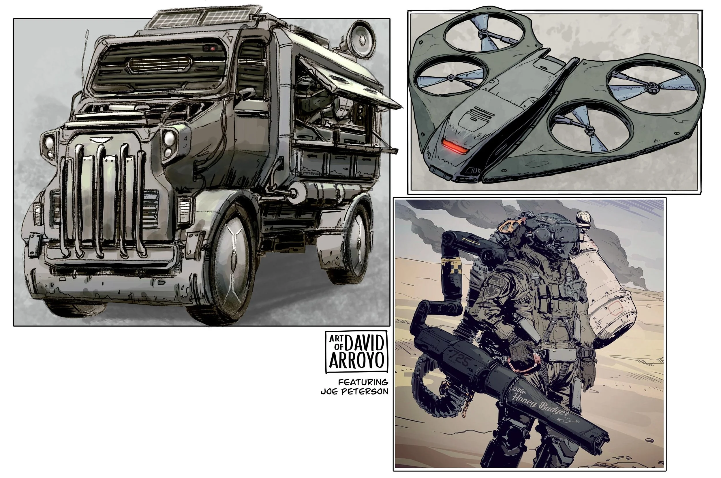 Illustration of futuristic military vehicles and equipment, including a large armored truck, a drone or flying vehicle, and a soldier in combat gear carrying a weapon in a desert landscape.