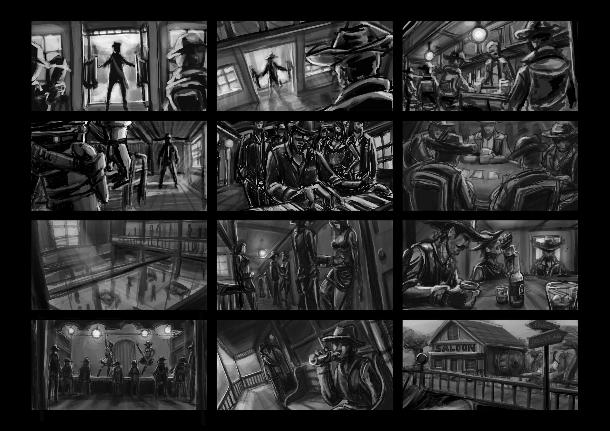 A series of black and white storyboard sketches depicting scenes from a Western-themed story, including characters entering a saloon, playing cards, gang members walking down a corridor, a group at a poker table, a train platform, women flirting, a d