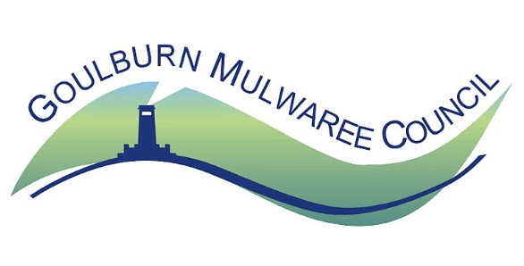 Logo of Goulburn Mulwaree Council featuring a lighthouse and green and blue waves.
