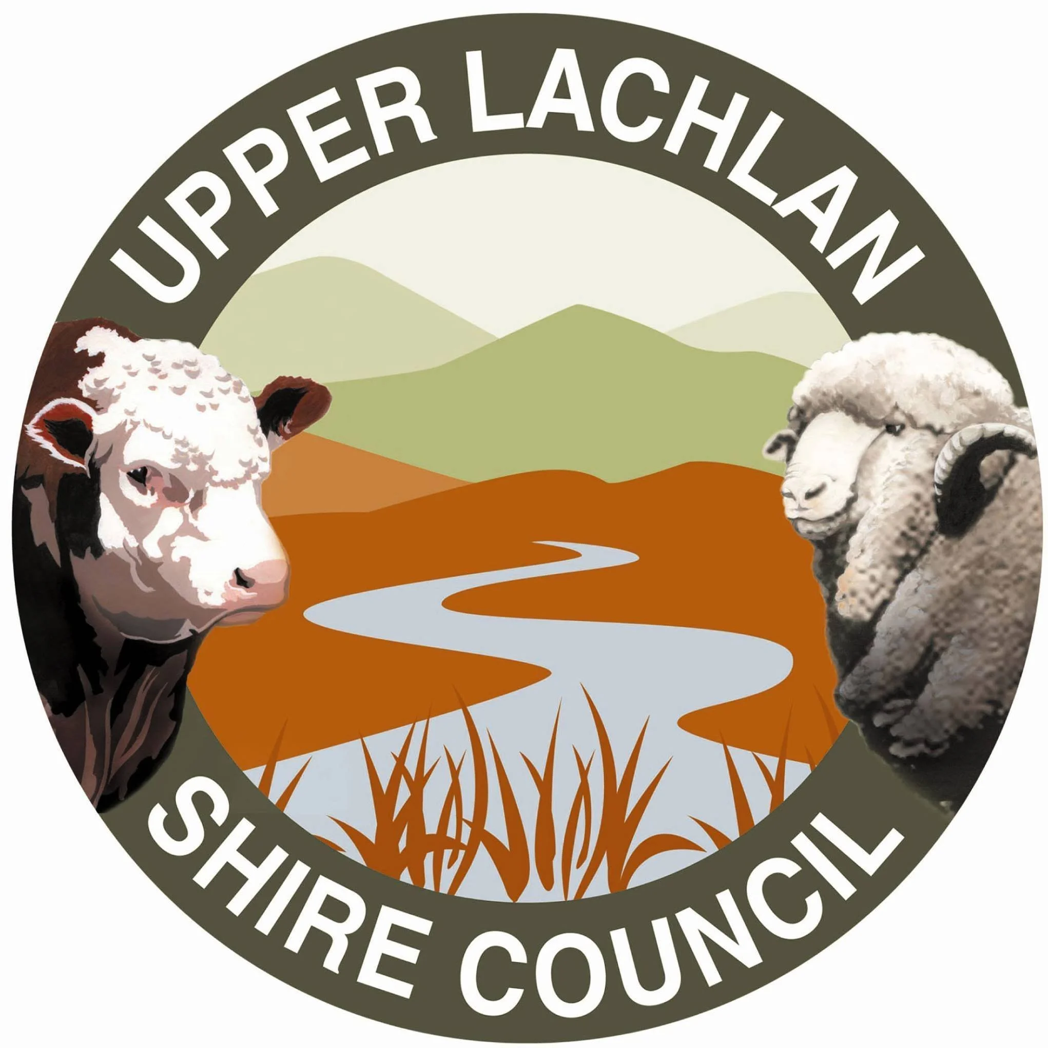 Logo of Upper Lakes Indian Reservation, featuring mountains, a river, and farm animals such as sheep and a cow.