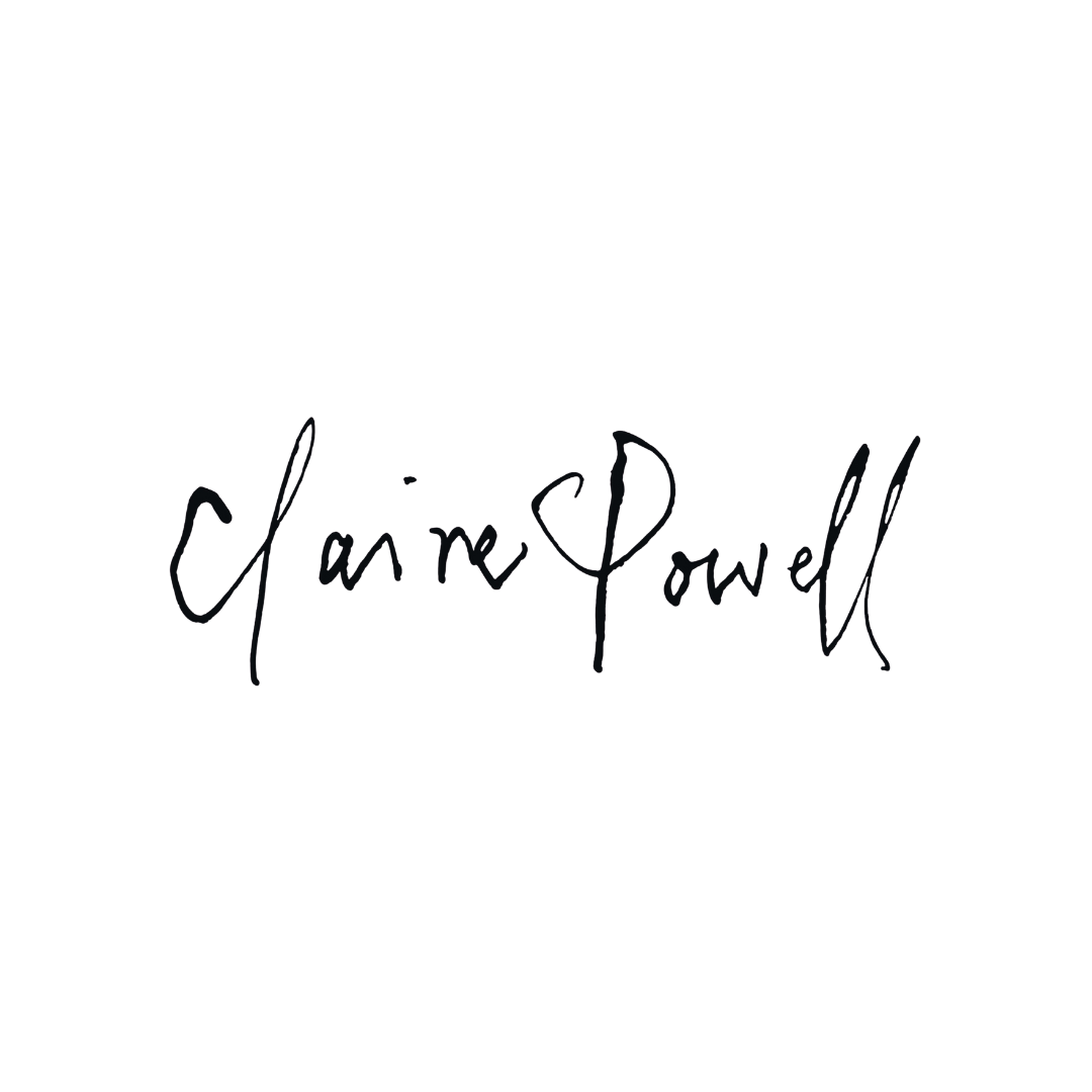Black background with a pink-and-orange watercolor splash at the top, the text 'Claire Powell' in cursive in the center, and a white floral graphic at the bottom.