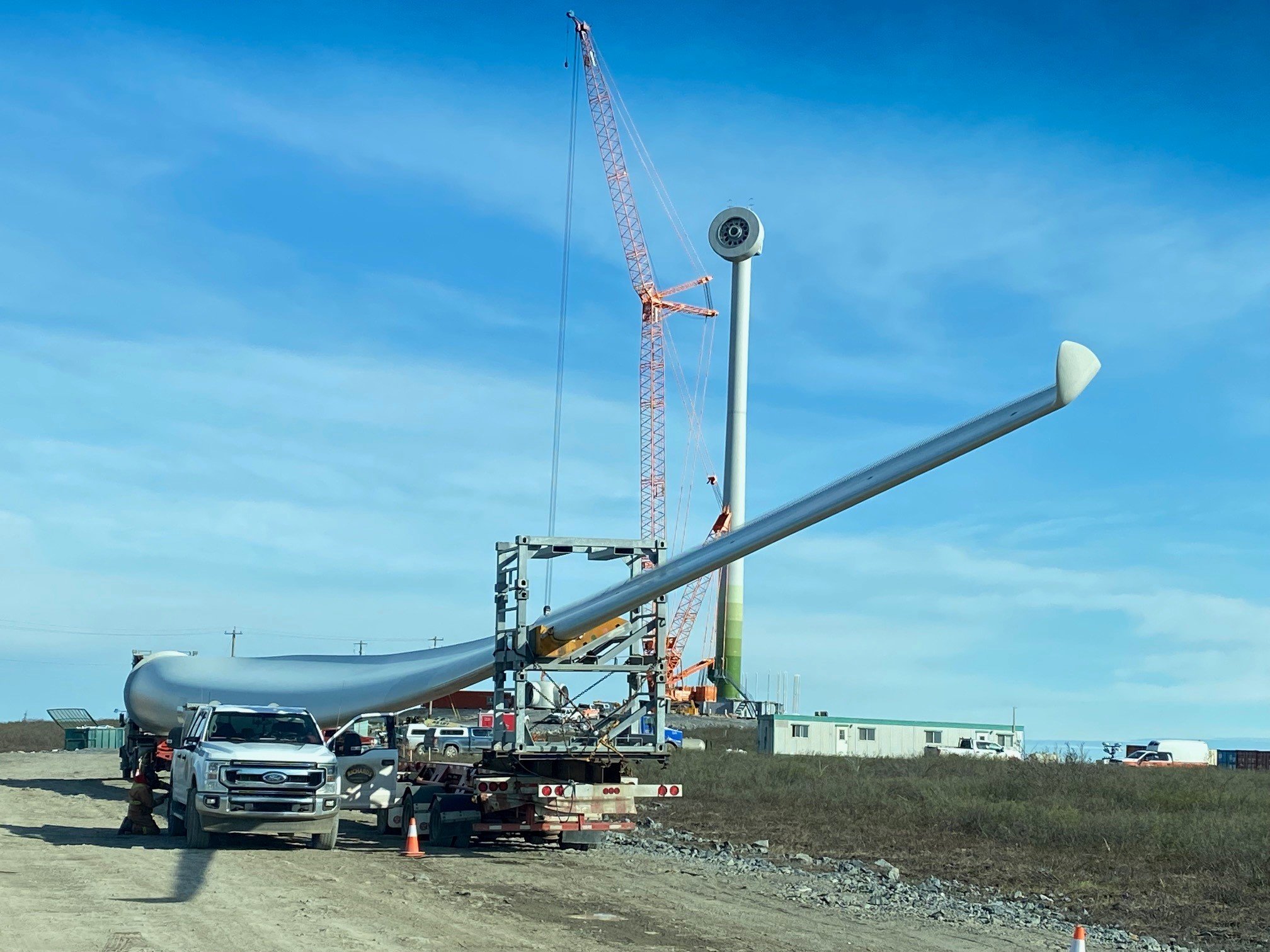 The first of three turbine blades is ready to be installed