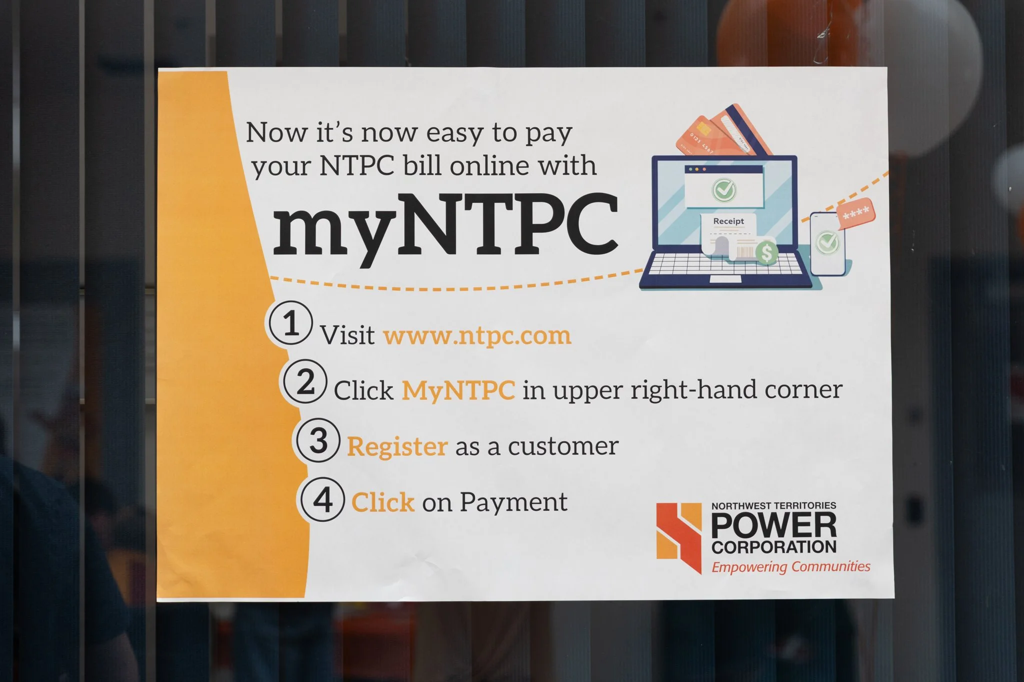 Sign explaining how to pay your NTPC bill online with myNTPC in four steps