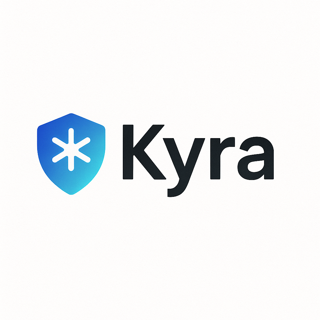 青い盾の中に白い星のようなマークと、黒い文字で『Kyra』と書かれているロゴ