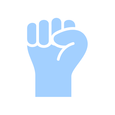 A light blue clenched fist raised against a black background.