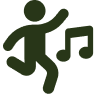 Green stick figure dancing with a music note.