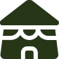 A simplified icon of a house with a green roof and walls, featuring a front door and window with sunglasses.