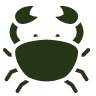 A simple, stylized illustration of a crab with a rounded body and two claws.
