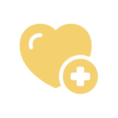 A yellow heart with a medical cross symbol inside a circle overlay, indicating health or medical care.