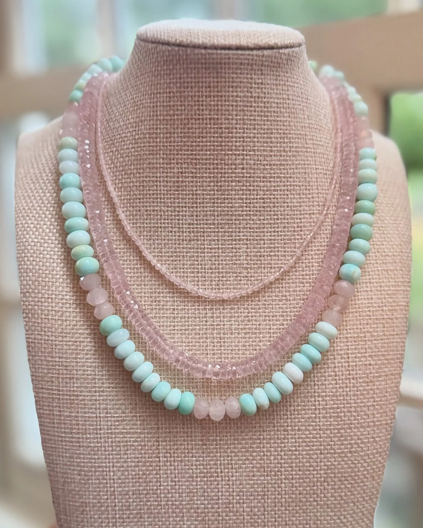 No I am not on a pink sand beach right now - though you wouldn&rsquo;t know it based on some of the jewelry I completed today&hellip;here are some pretty green Peruvian opals, rose quartz, and pink morganites. 🏝️🐚