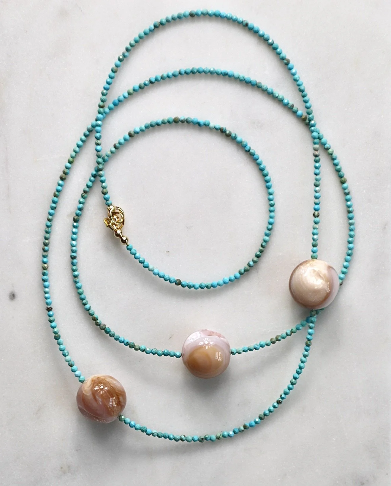 A custom piece for a very cool client. Turquoise and pink shell beads - at 32&rdquo; this can be worn long or wrapped twice. 🩵